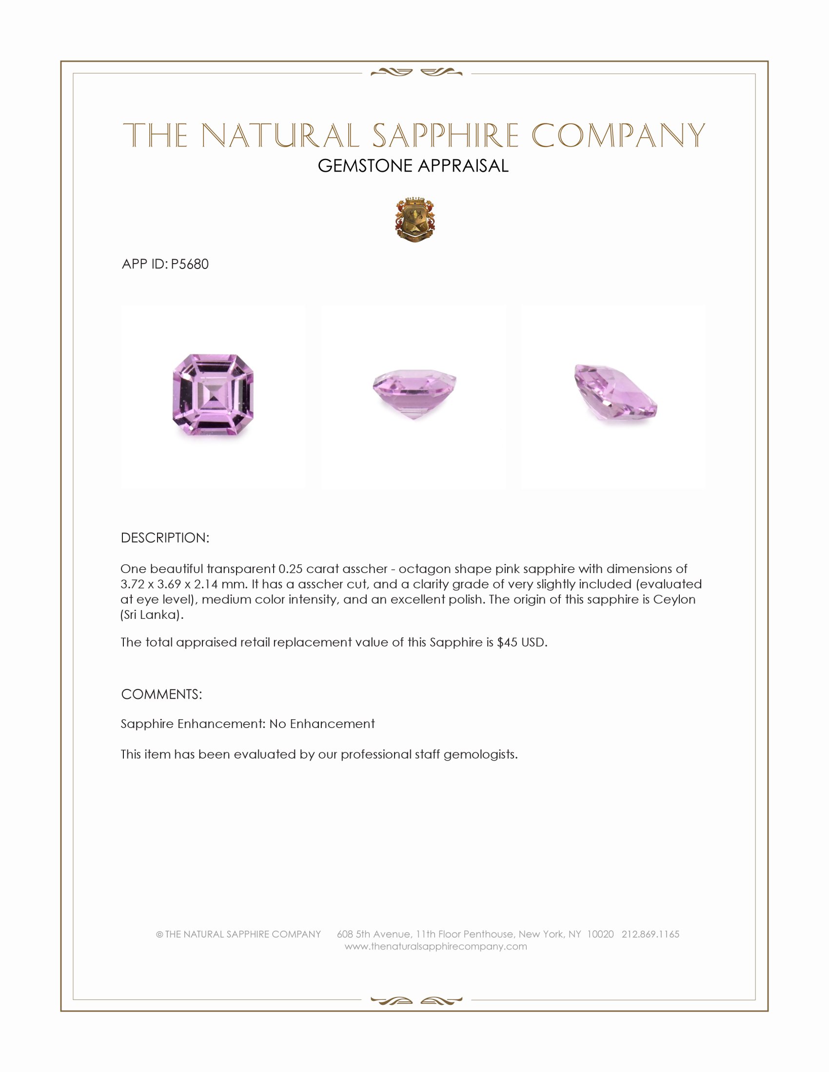 0.25 Ct. Pink Sapphire from Ceylon (Sri Lanka)