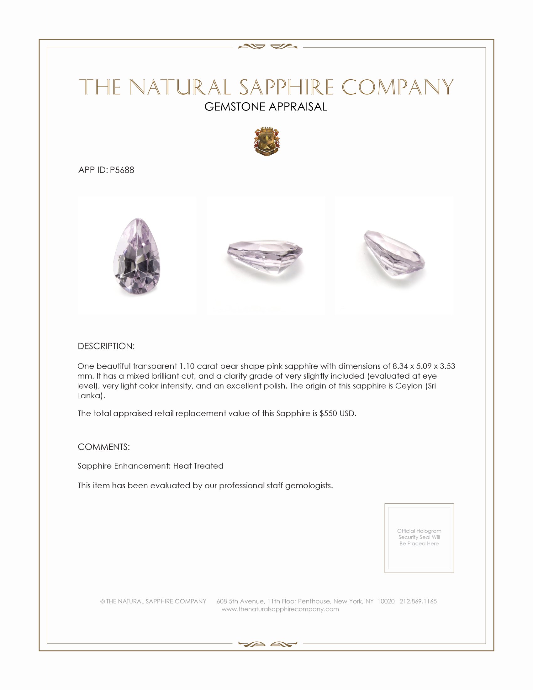 1.10 Ct. Pink Sapphire from Ceylon (Sri Lanka)