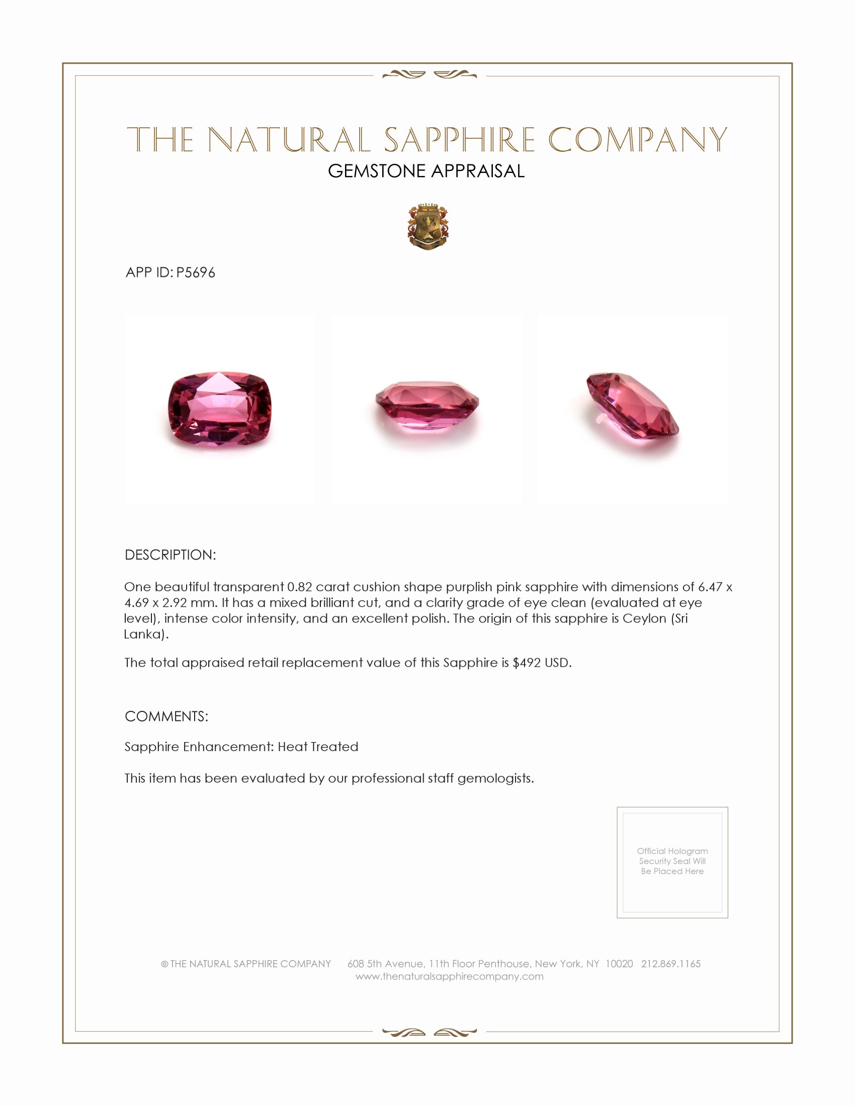 0.82 Ct. Purplish Pink Sapphire from Ceylon (Sri Lanka)