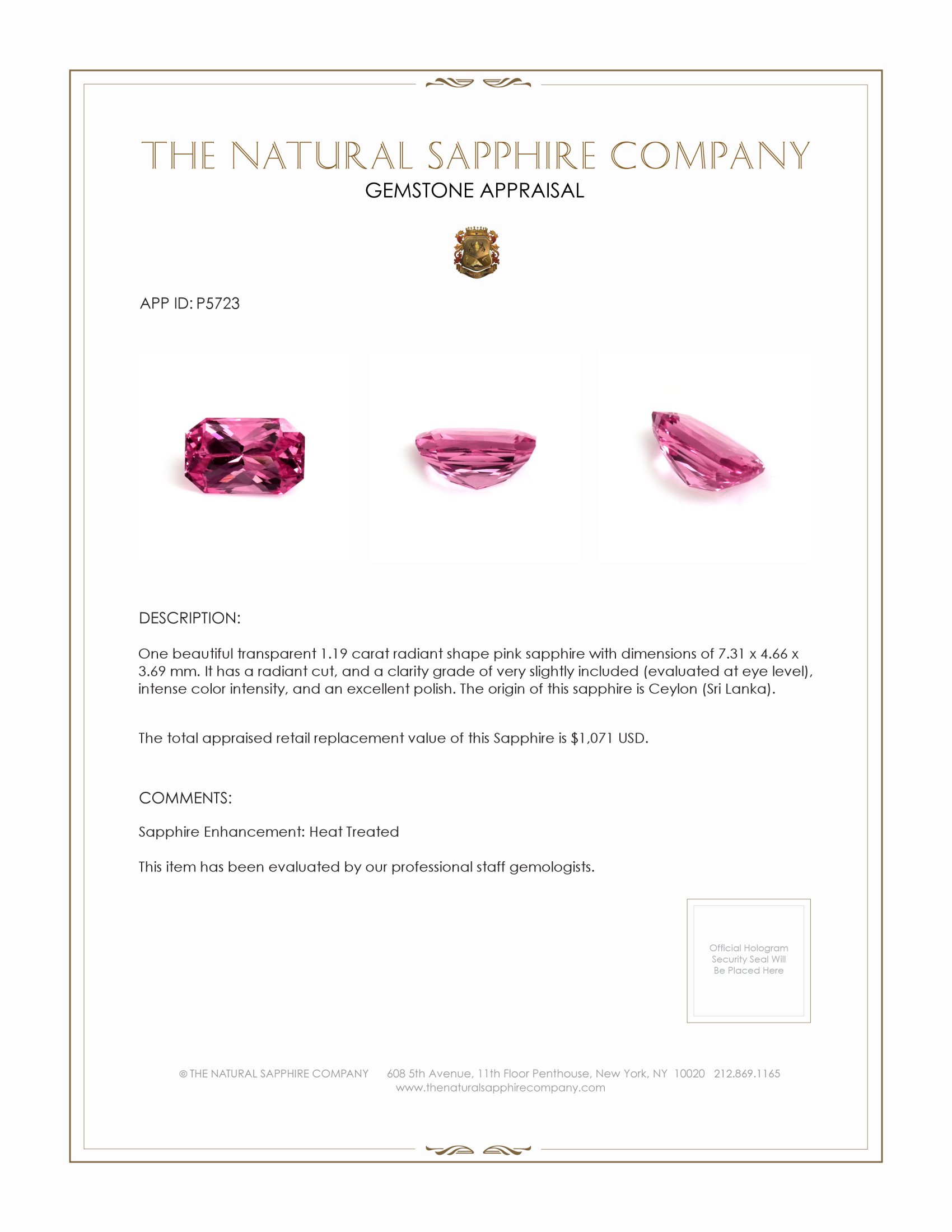 1.19 Ct. Pink Sapphire from Ceylon (Sri Lanka)