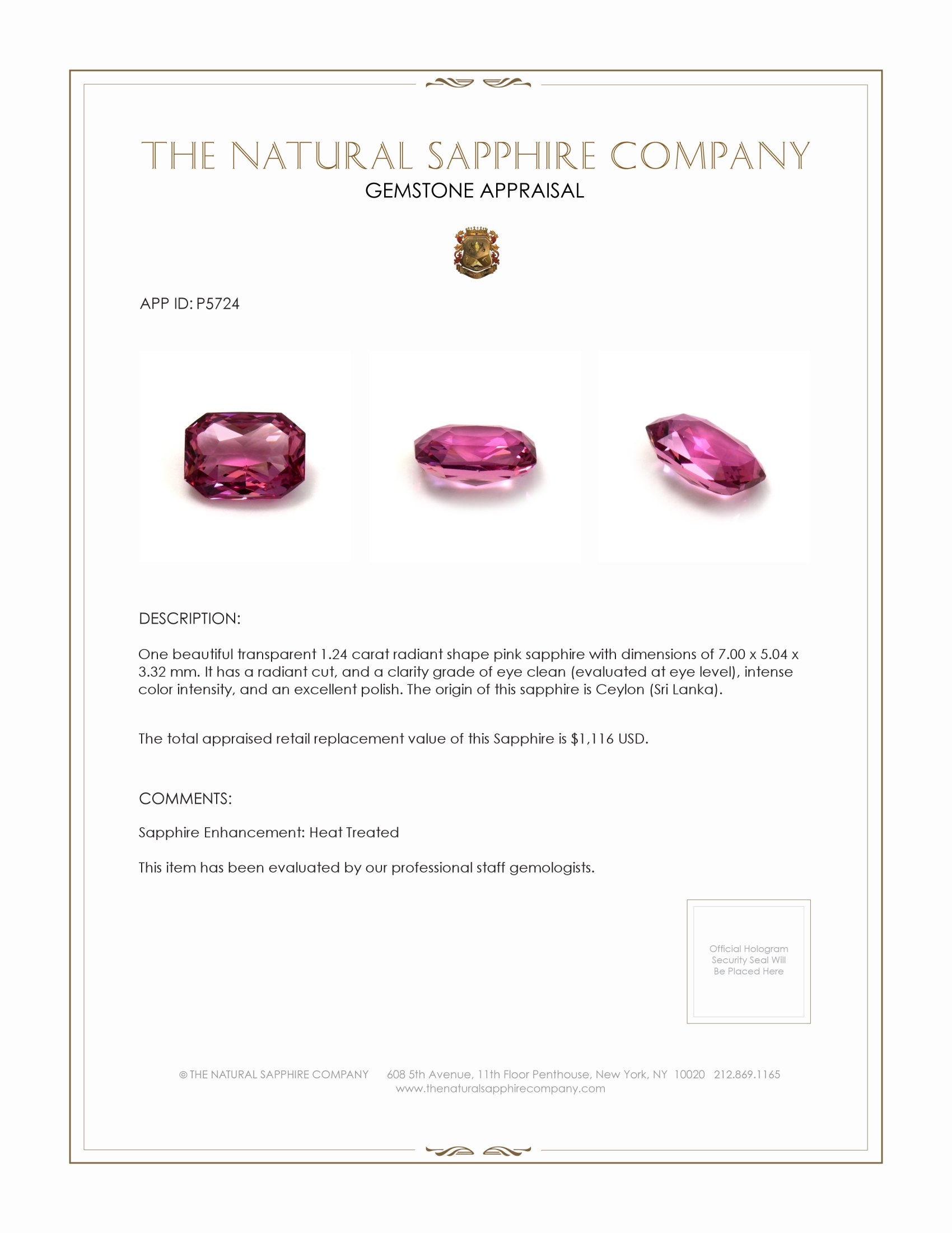 1.24 Ct. Pink Sapphire from Ceylon (Sri Lanka)