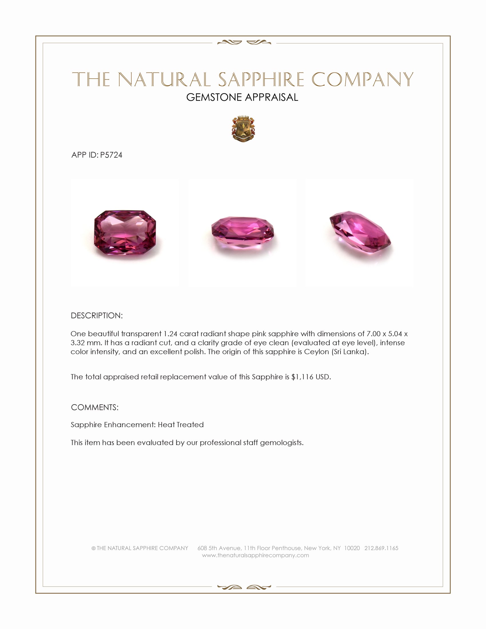 1.24 Ct. Pink Sapphire from Ceylon (Sri Lanka)
