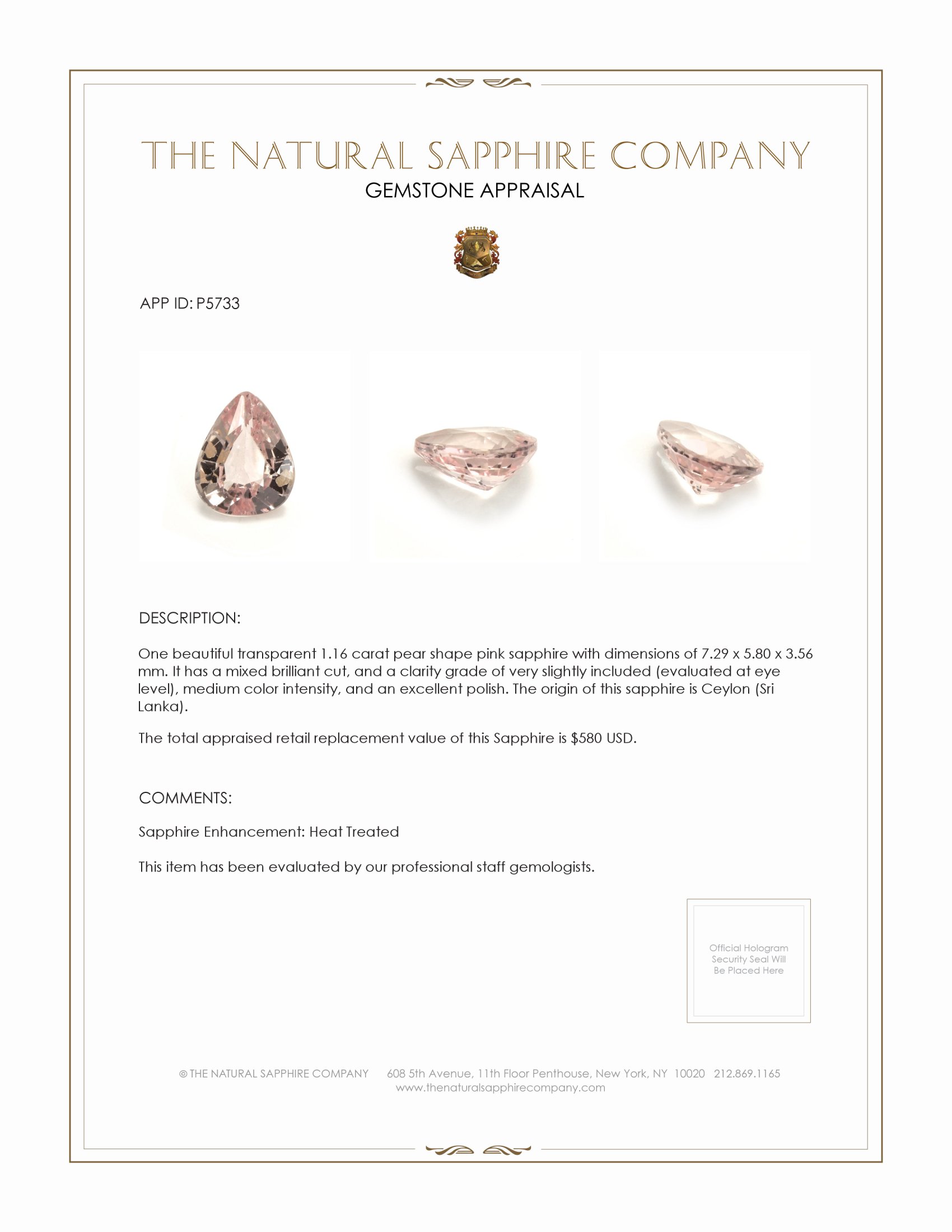 1.16 Ct. Pink Sapphire from Ceylon (Sri Lanka)