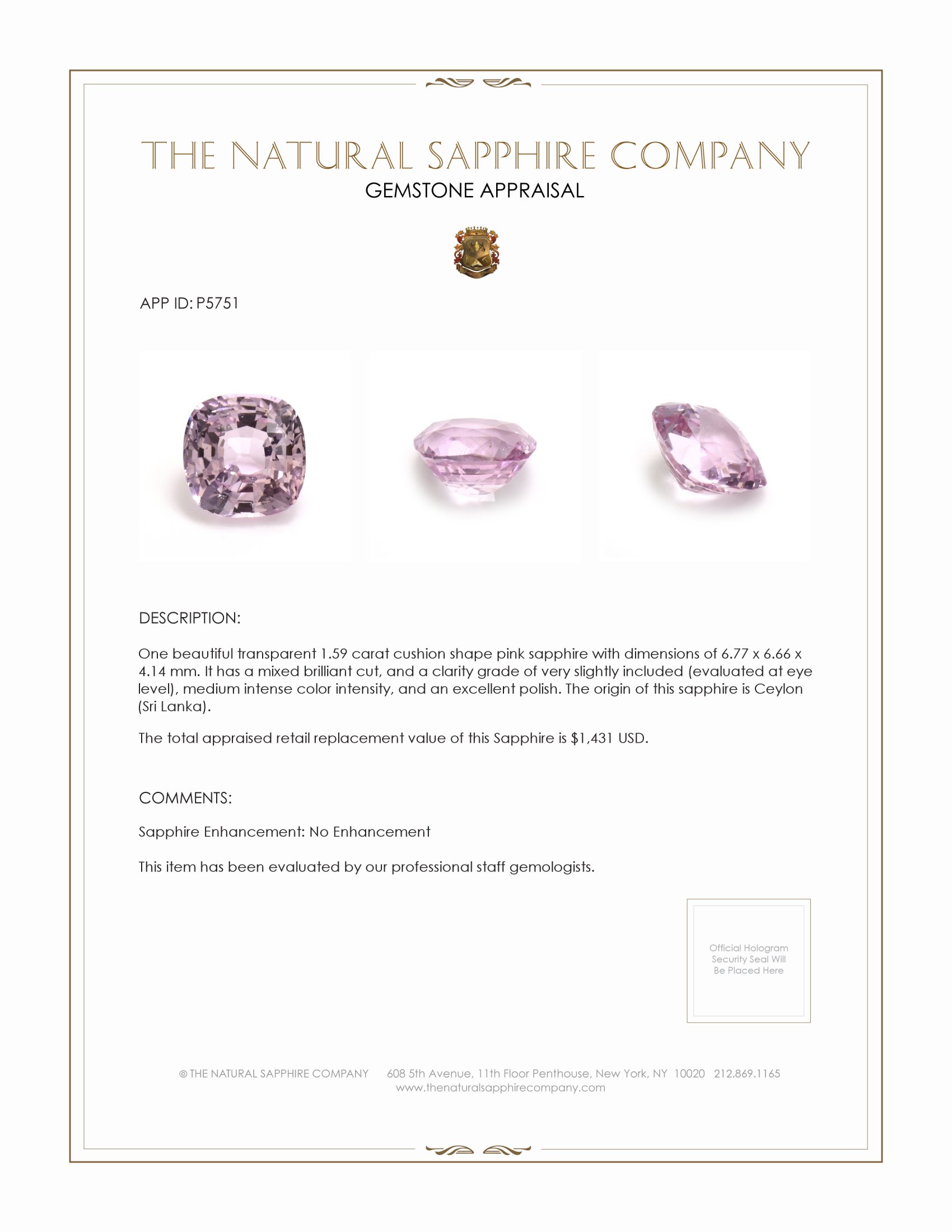 1.59 Ct. Pink Sapphire from Ceylon (Sri Lanka)