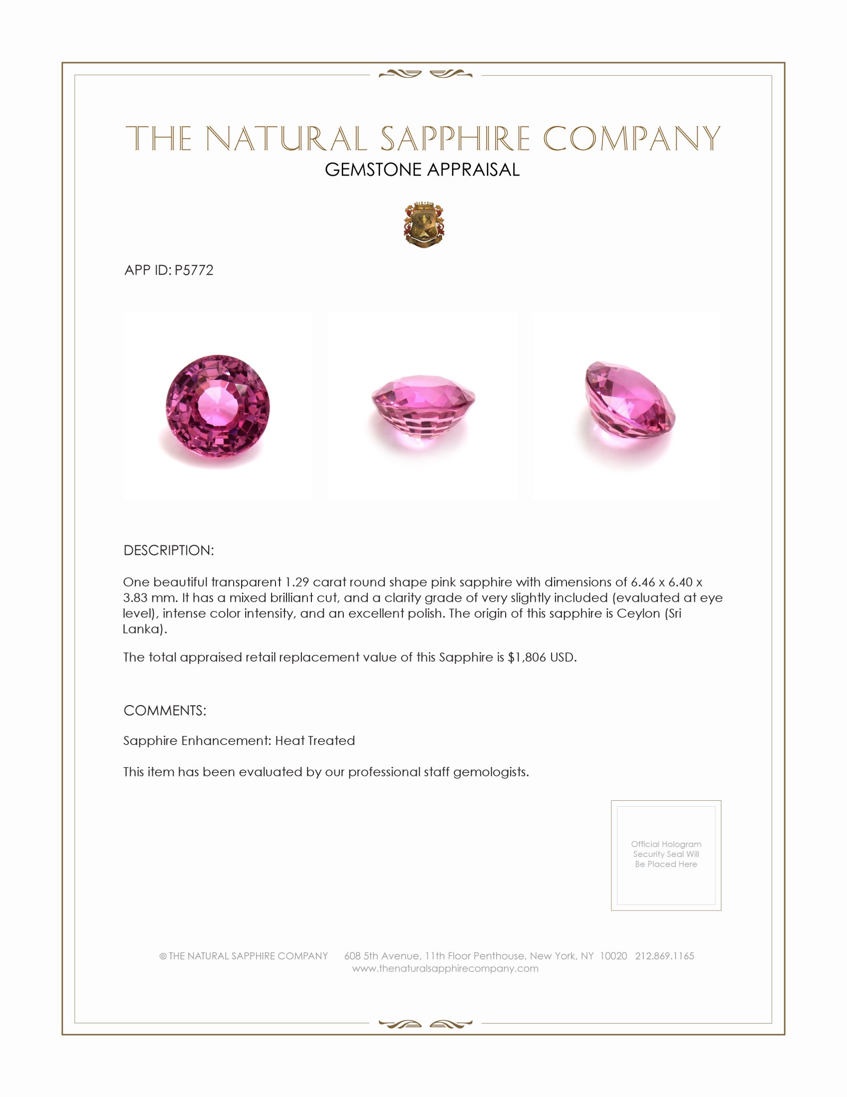 1.29 Ct. Pink Sapphire from Ceylon (Sri Lanka)