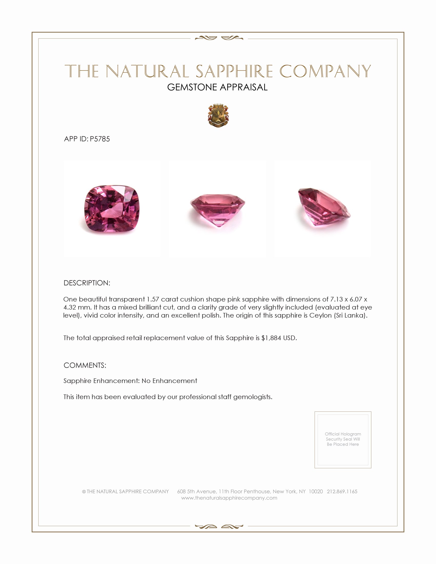1.57 Ct. Pink Sapphire from Ceylon (Sri Lanka)