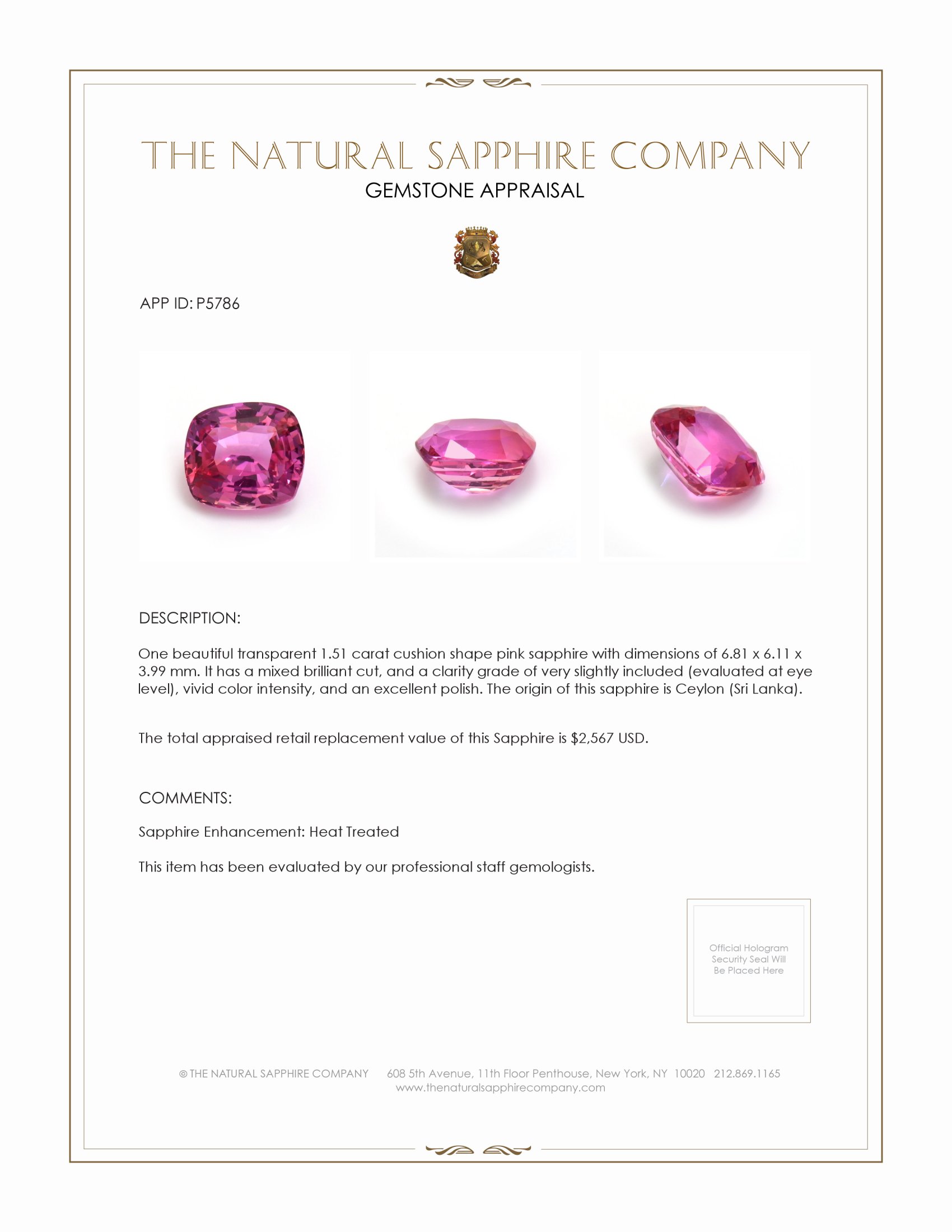 1.51 Ct. Reddish Pink Sapphire from Ceylon (Sri Lanka)