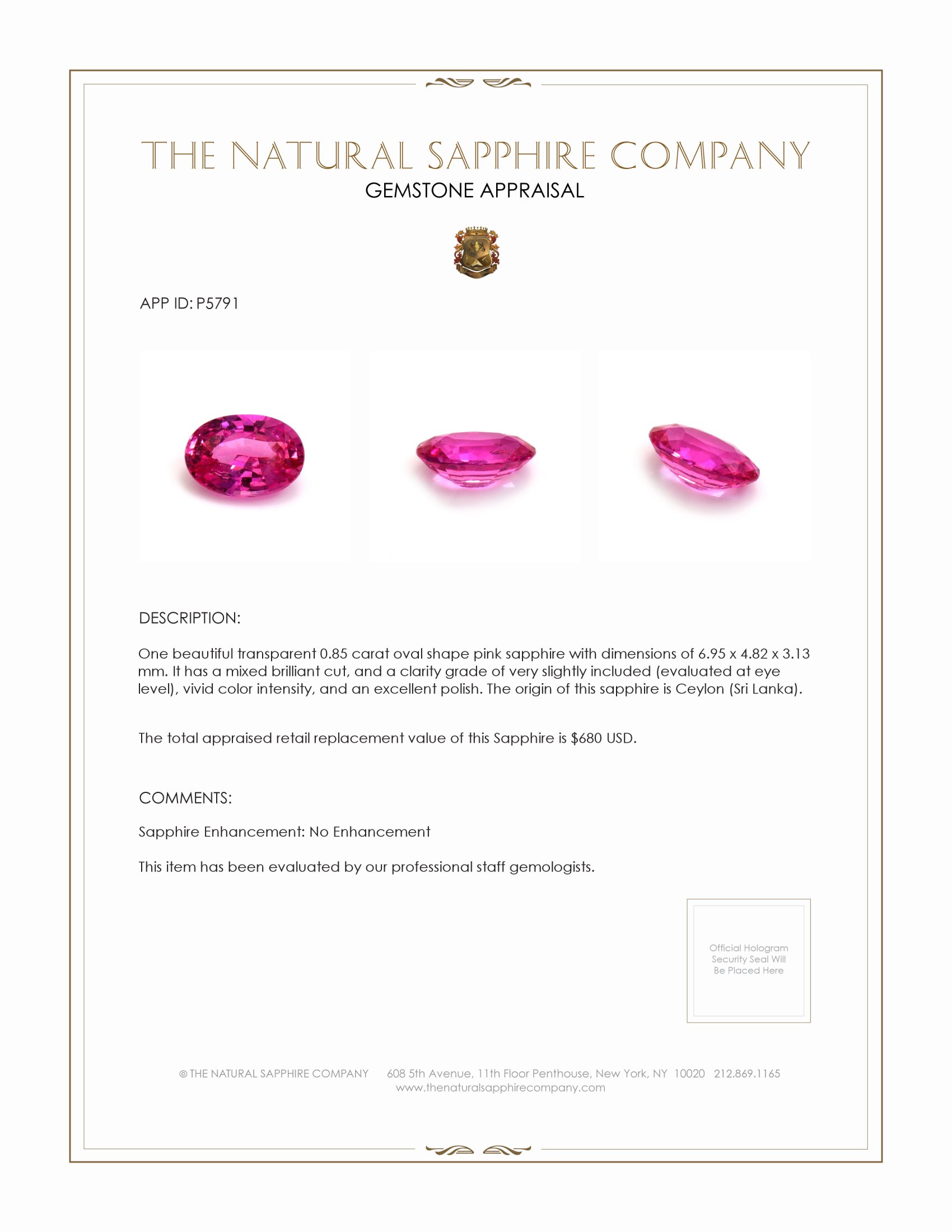 0.85 Ct. Pink Sapphire from Ceylon (Sri Lanka)