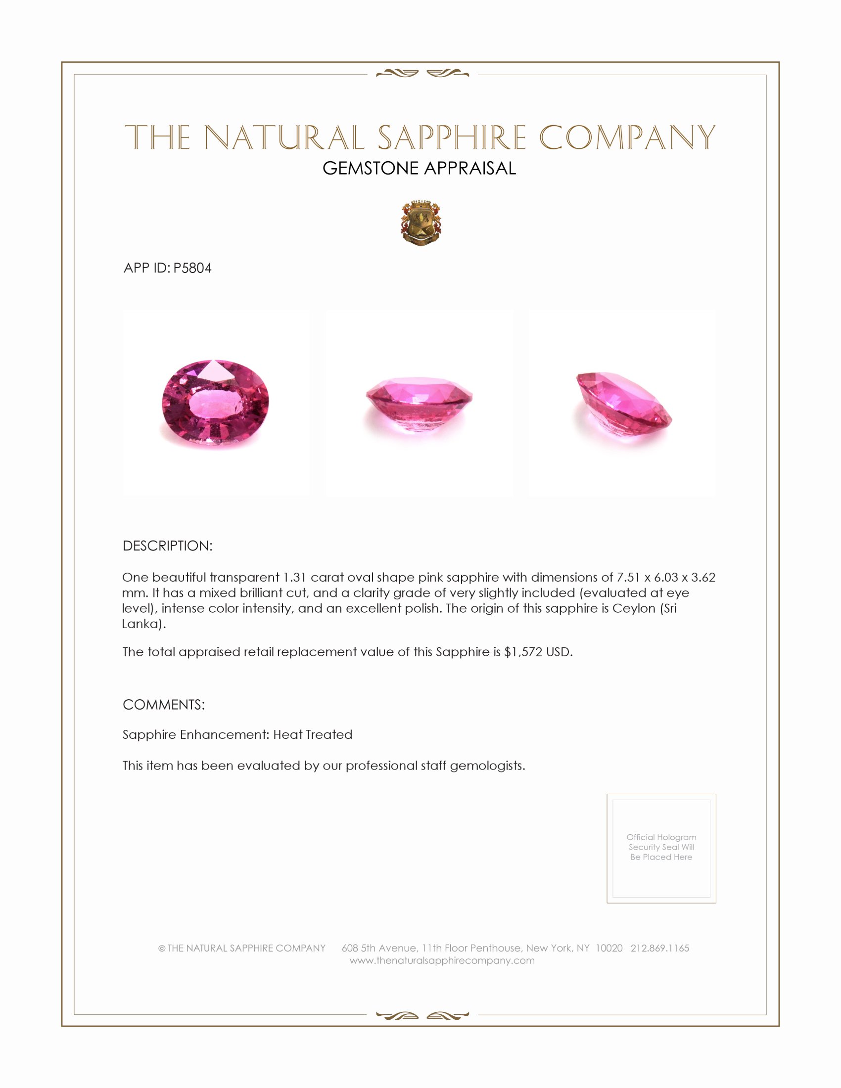 1.31 Ct. Pink Sapphire from Ceylon (Sri Lanka)