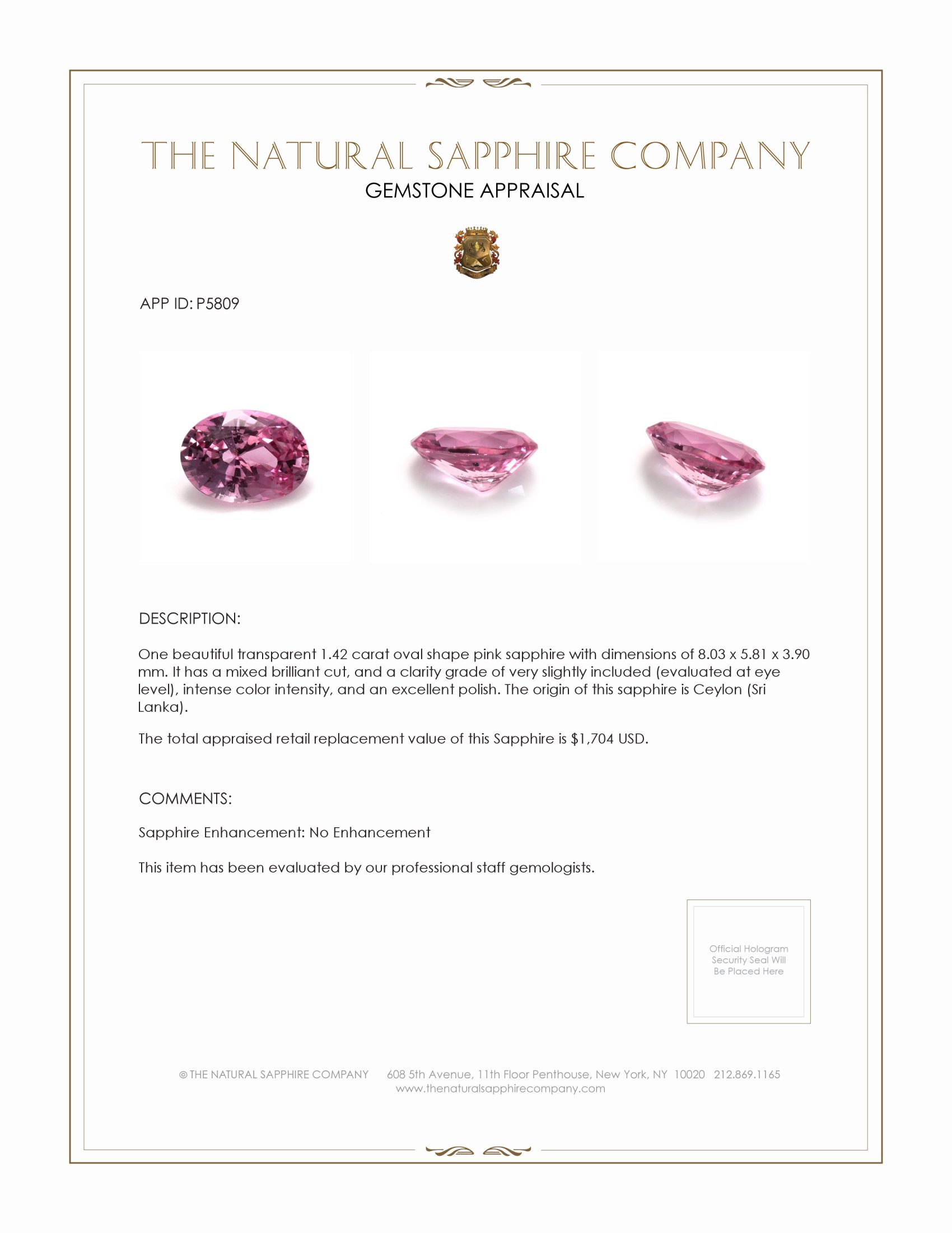 1.42 Ct. Pink Sapphire from Ceylon (Sri Lanka)