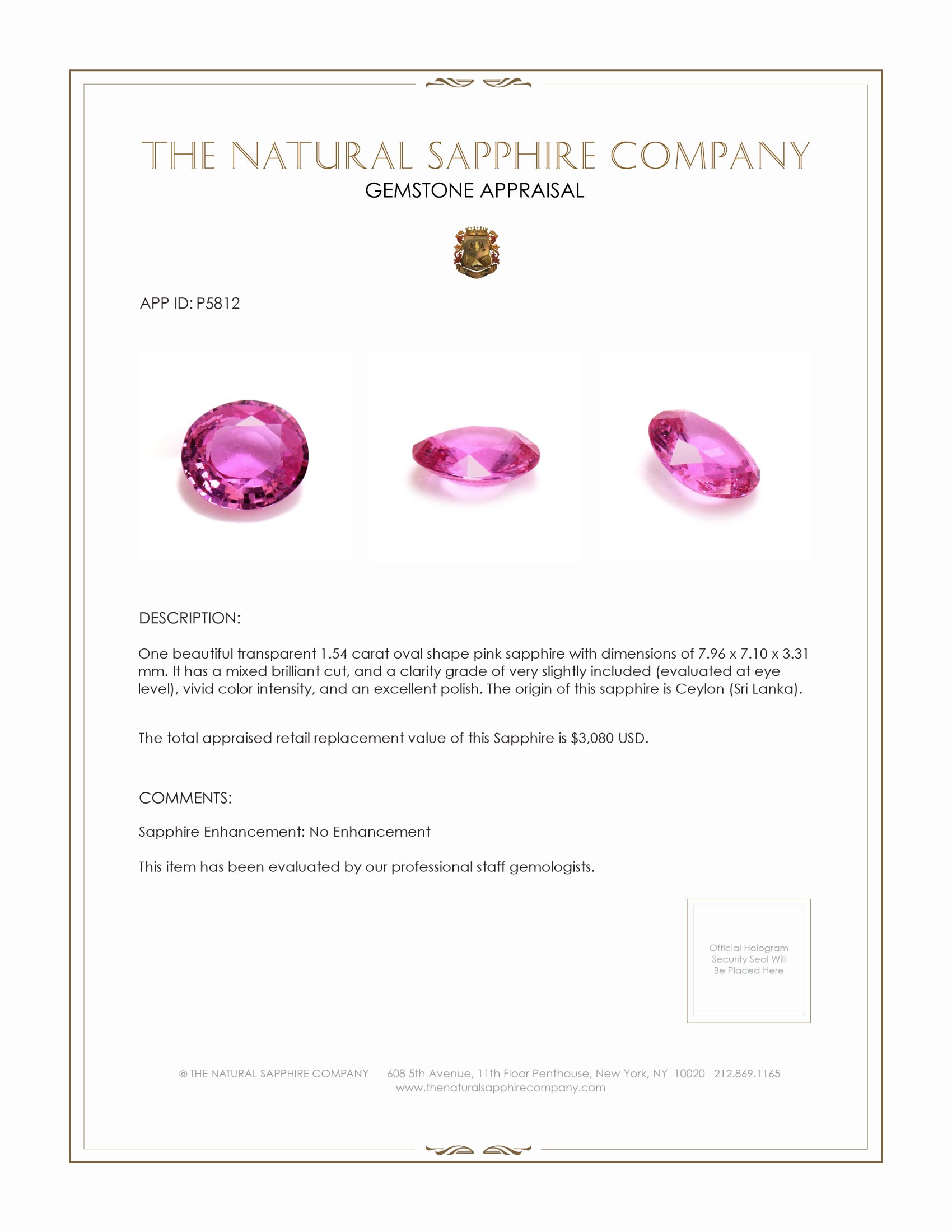 1.54 Ct. Purplish Pink Sapphire from Ceylon (Sri Lanka)