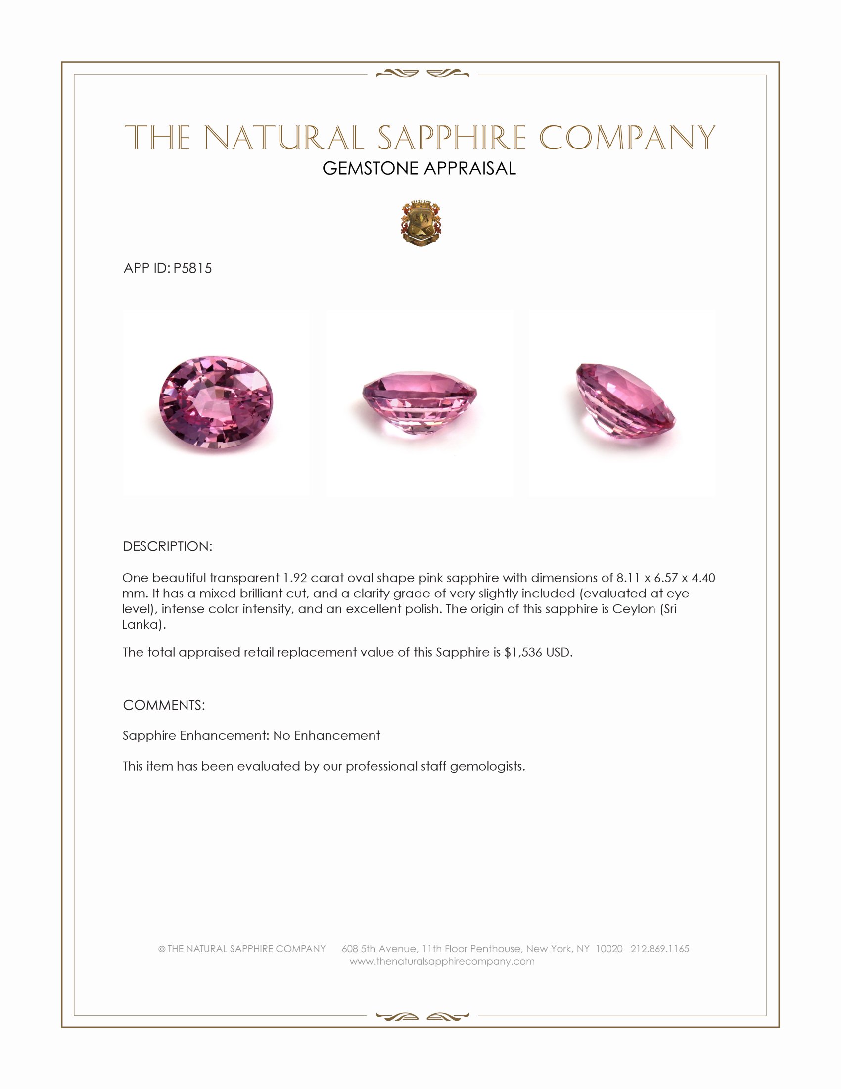 1.92 Ct. Pink Sapphire from Ceylon (Sri Lanka)