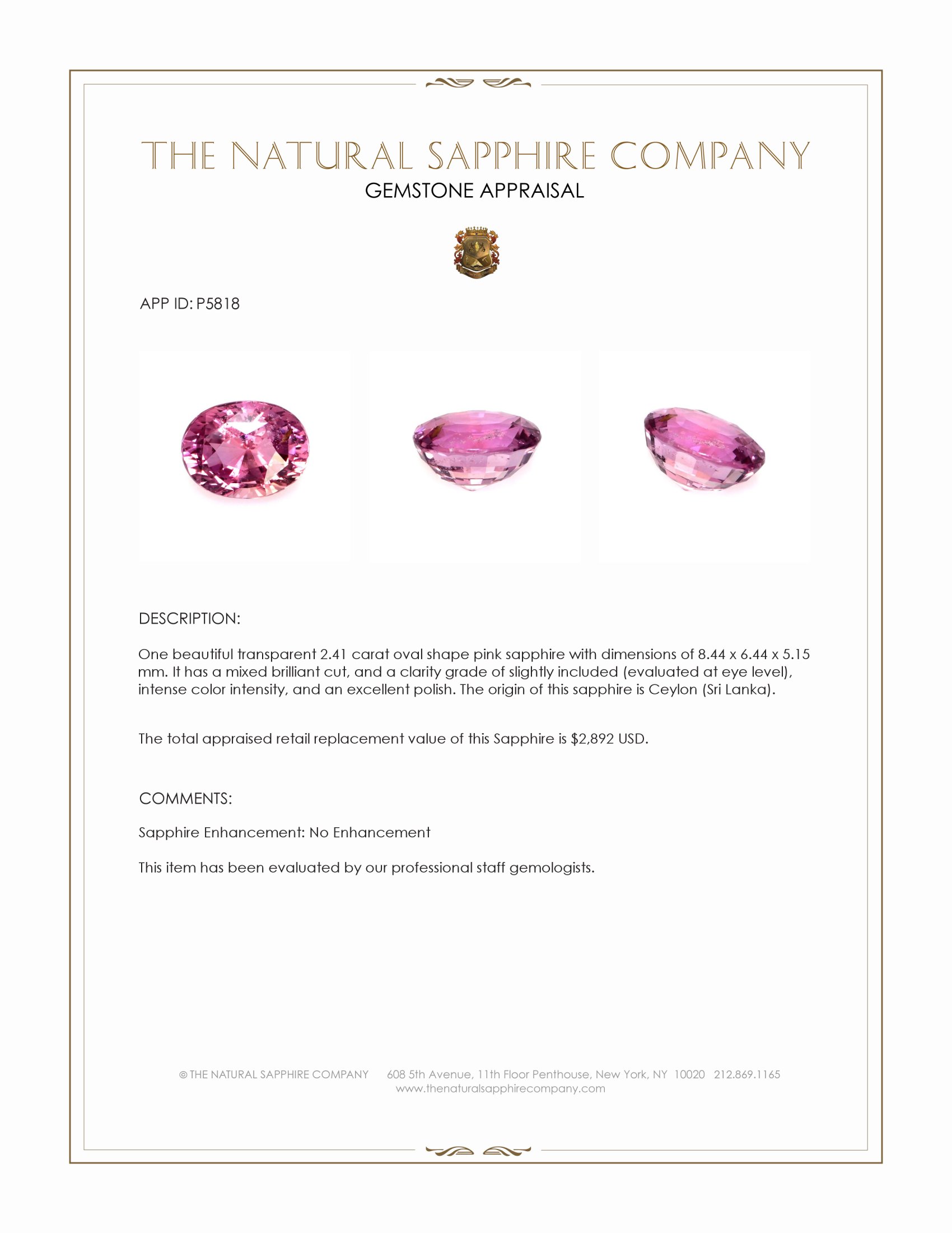2.41 Ct. Purplish Pink Sapphire from Ceylon (Sri Lanka)