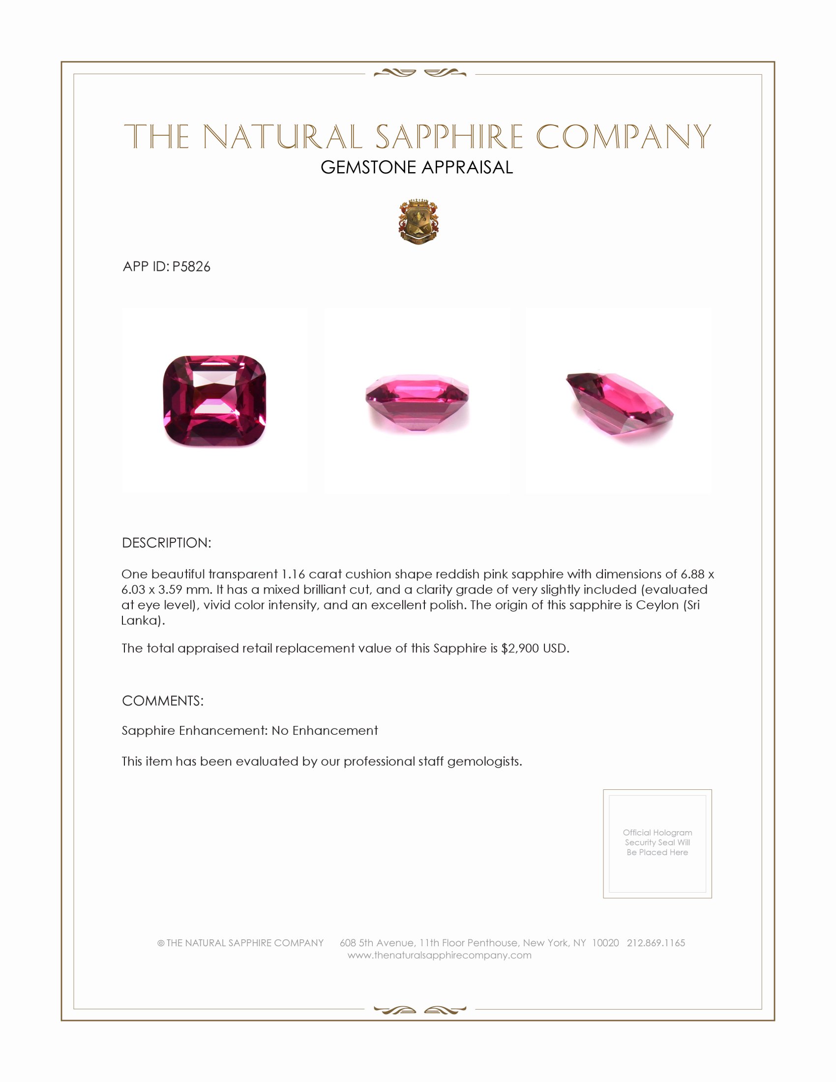 1.16 Ct. Reddish Pink Sapphire from Ceylon (Sri Lanka)