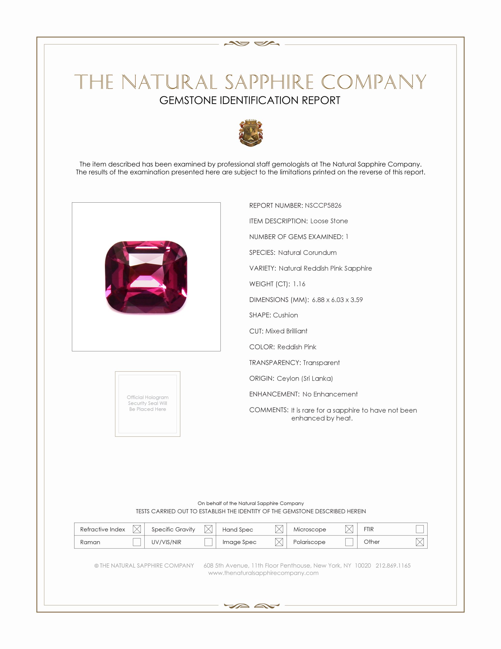 1.16 Ct. Reddish Pink Sapphire from Ceylon (Sri Lanka)