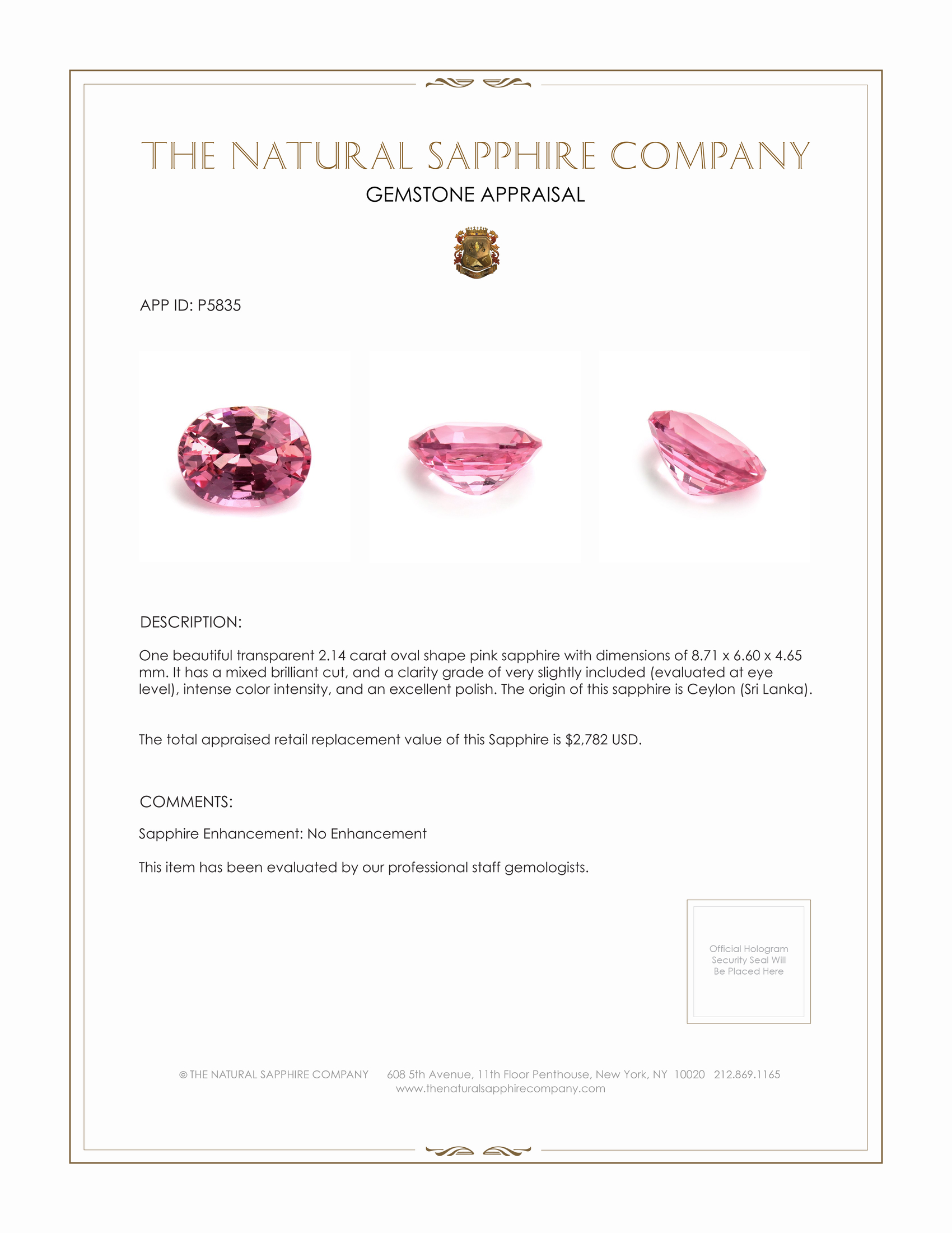 2.14 Ct. Pink Sapphire from Ceylon (Sri Lanka)