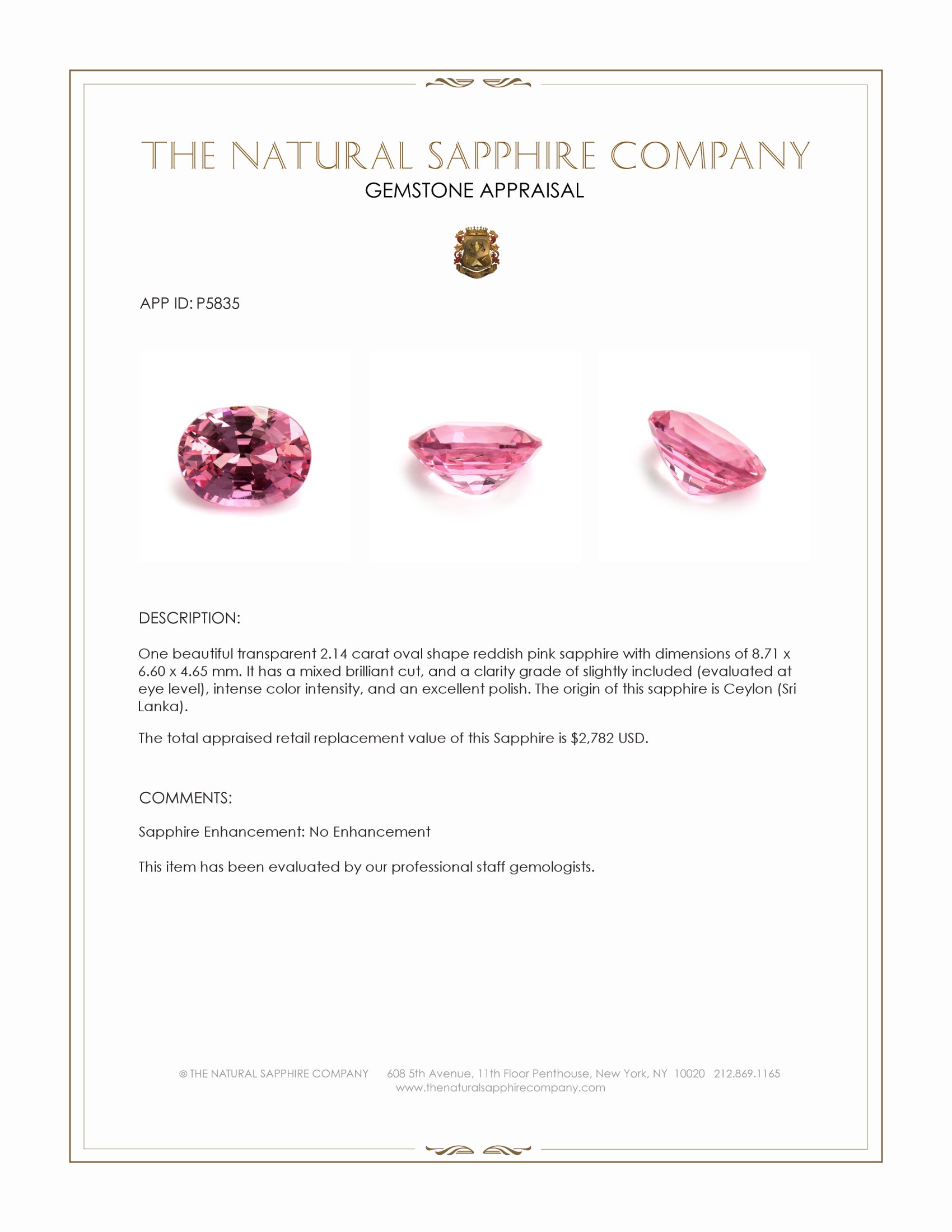 2.14 Ct. Reddish Pink Sapphire from Ceylon (Sri Lanka)