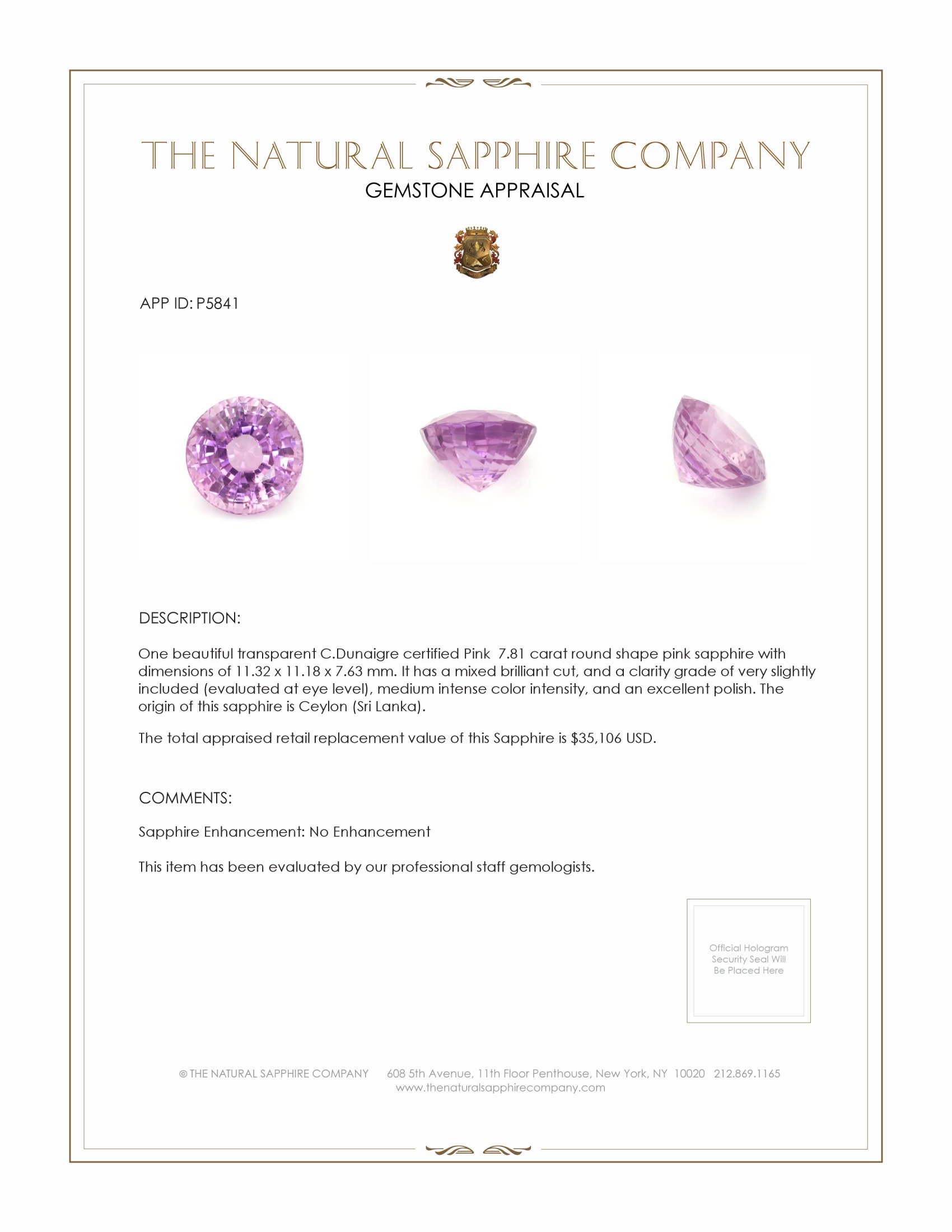 7.81 Ct. Pink Sapphire from Ceylon (Sri Lanka)