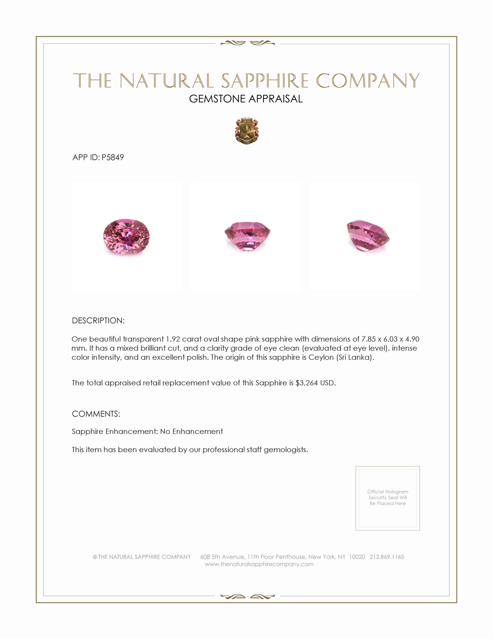 1.92 Ct. Pink Sapphire from Ceylon (Sri Lanka)