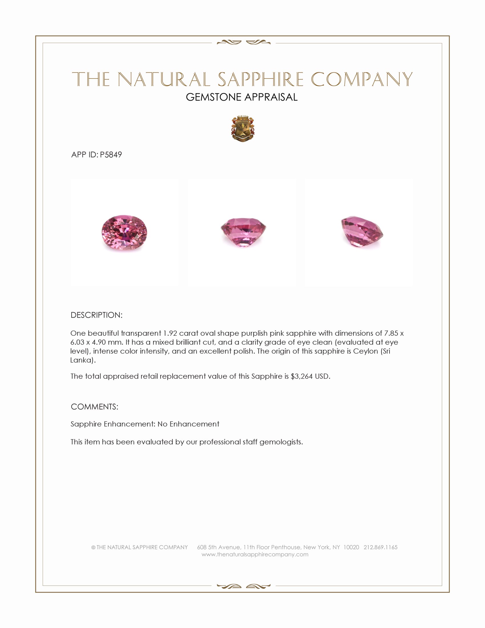 1.92 Ct. Purplish Pink Sapphire from Ceylon (Sri Lanka)