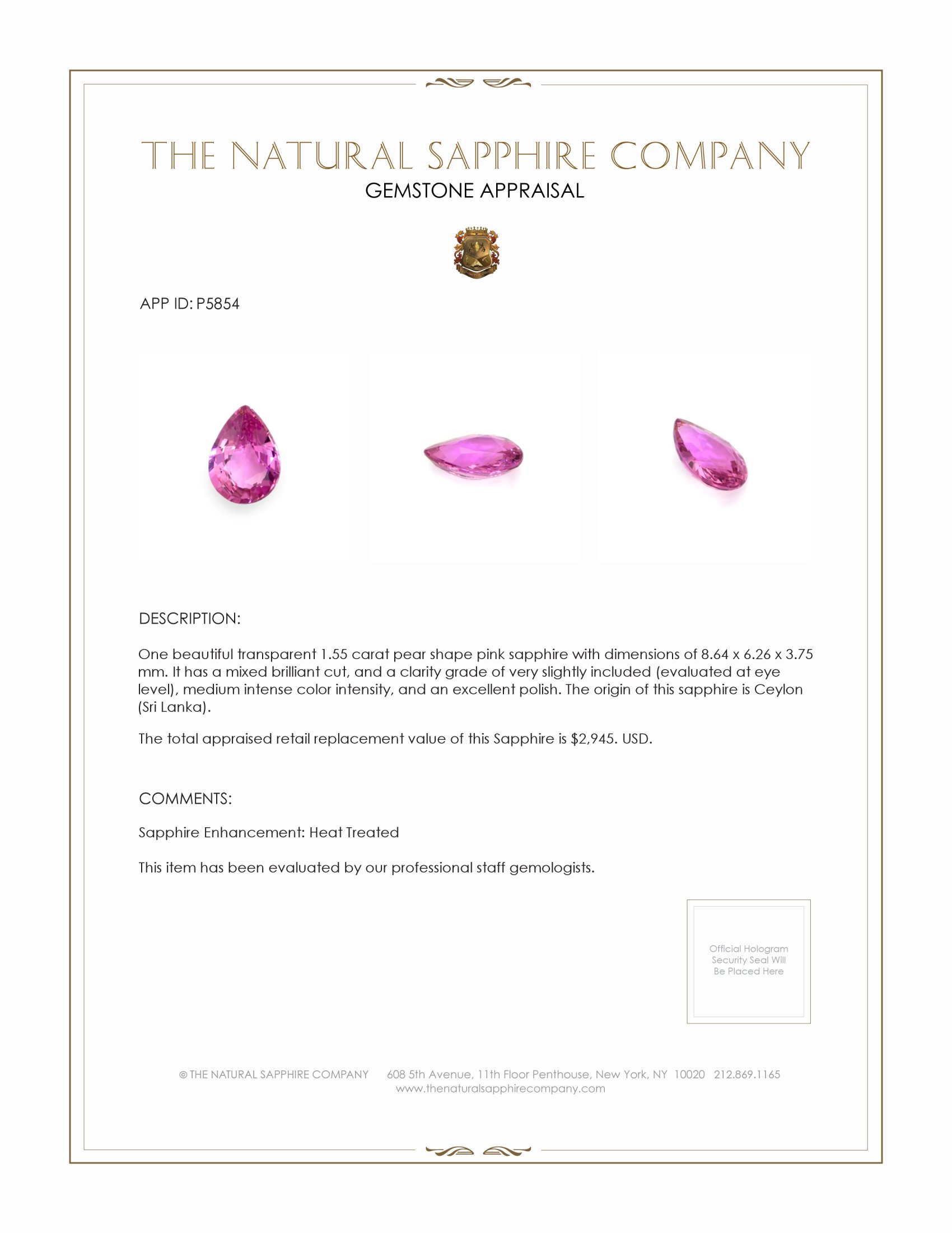 1.55 Ct. Pink Sapphire from Ceylon (Sri Lanka)