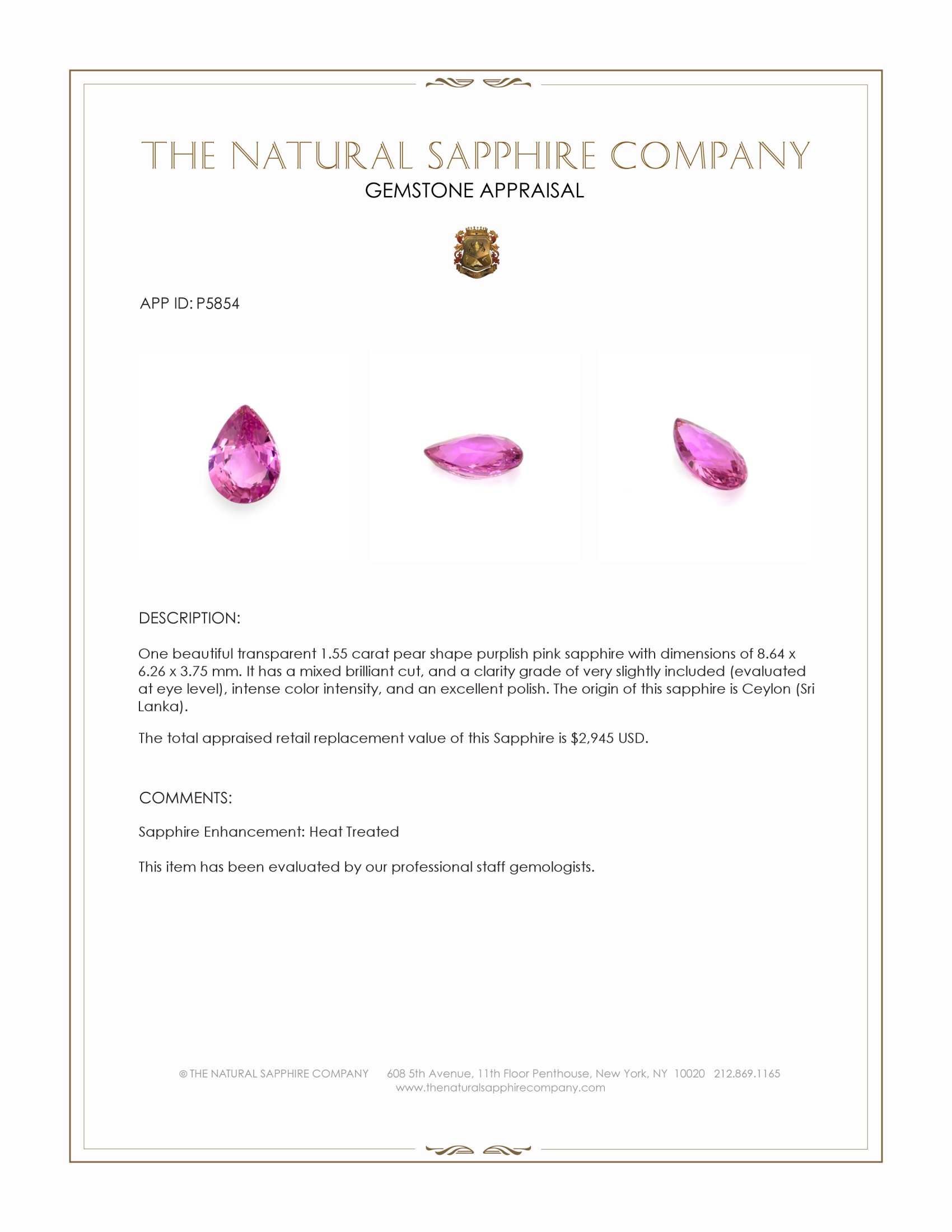 1.55 Ct. Purplish Pink Sapphire from Ceylon (Sri Lanka)