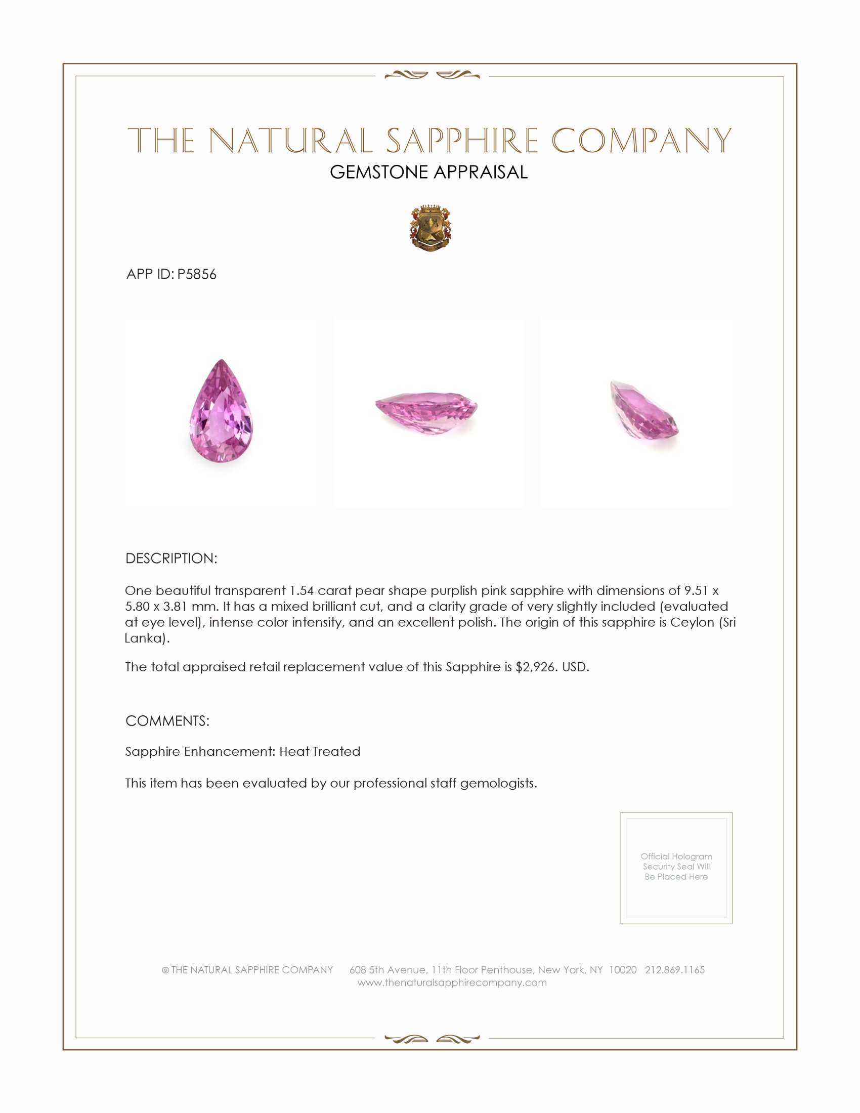 1.54 Ct. Purplish Pink Sapphire from Ceylon (Sri Lanka)