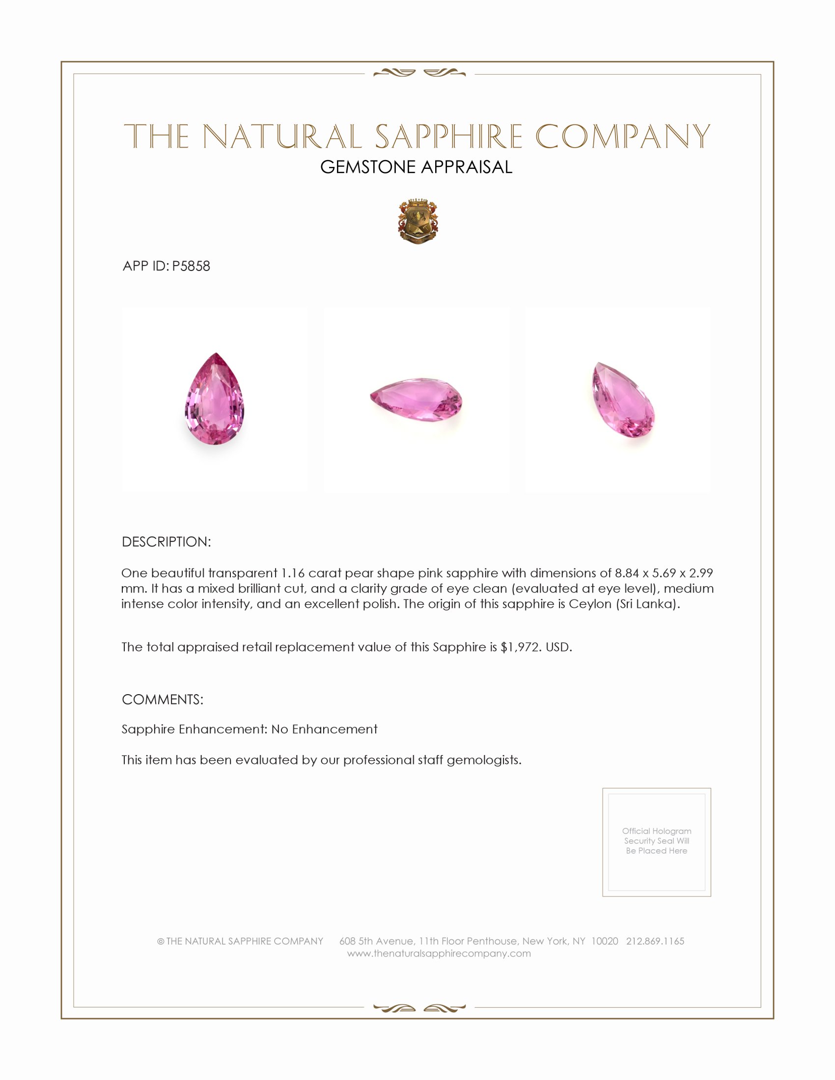 1.16 Ct. Pink Sapphire from Ceylon (Sri Lanka)