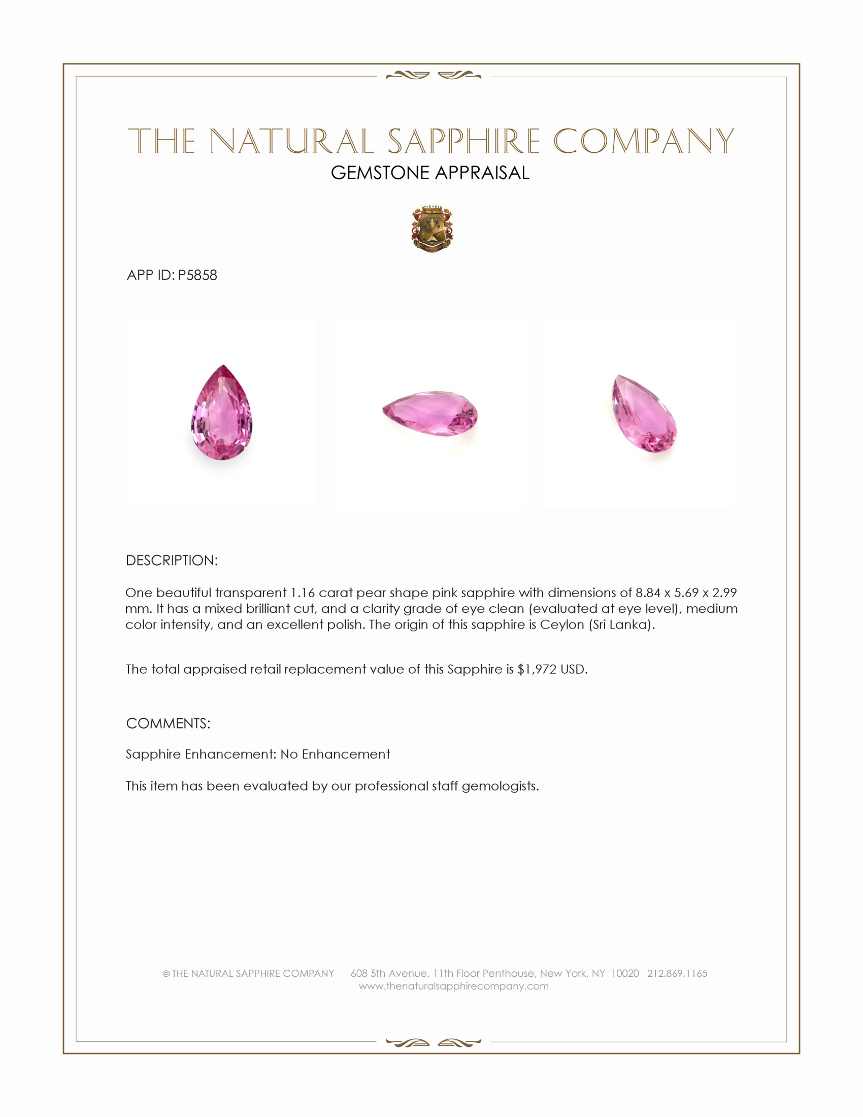 1.16 Ct. Pink Sapphire from Ceylon (Sri Lanka)