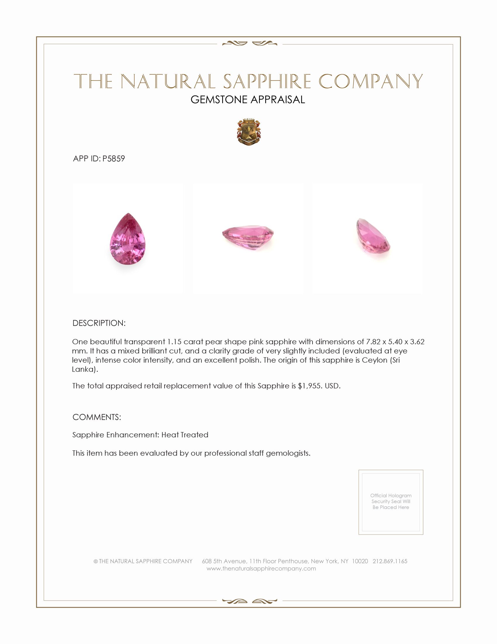 1.15 Ct. Pink Sapphire from Ceylon (Sri Lanka)