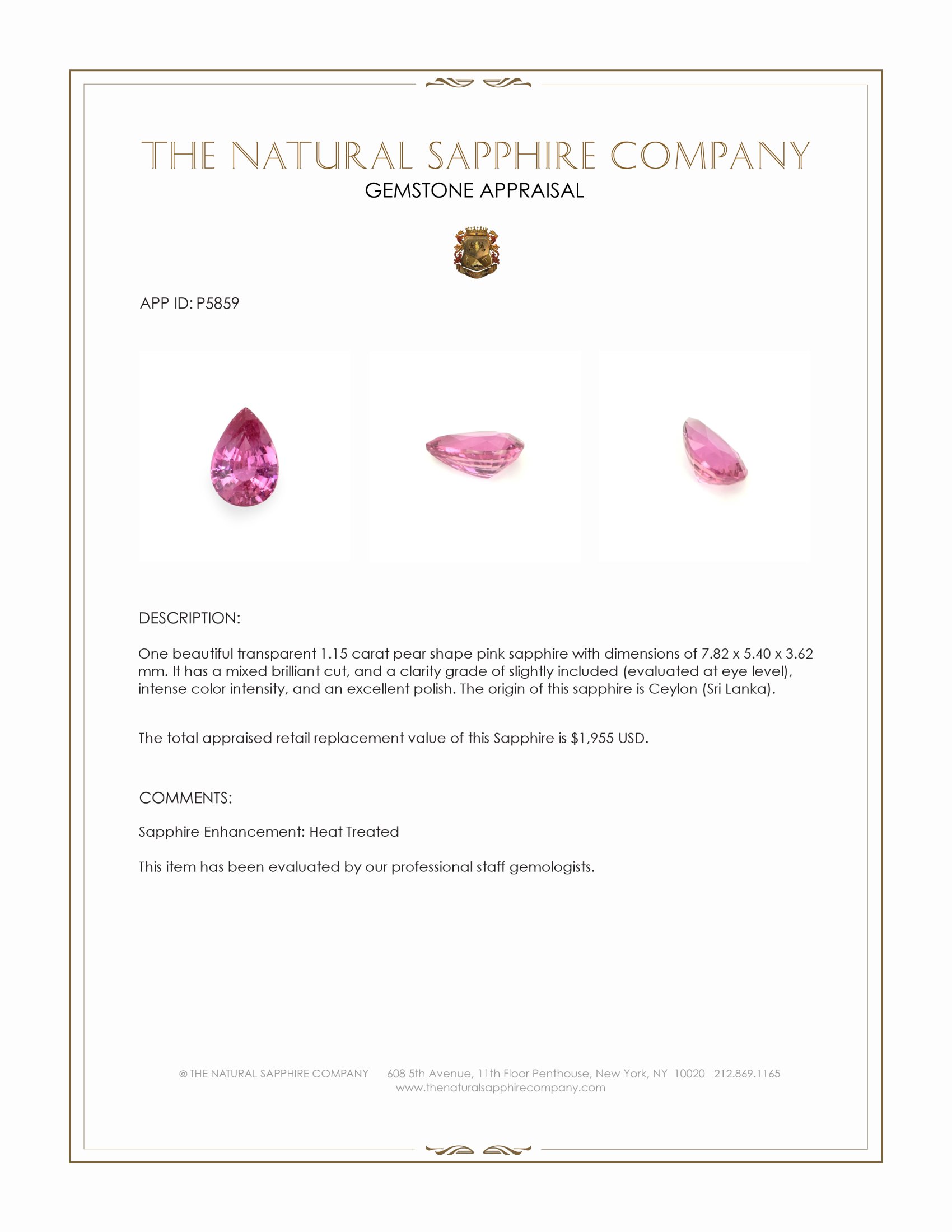 1.15 Ct. Pink Sapphire from Ceylon (Sri Lanka)