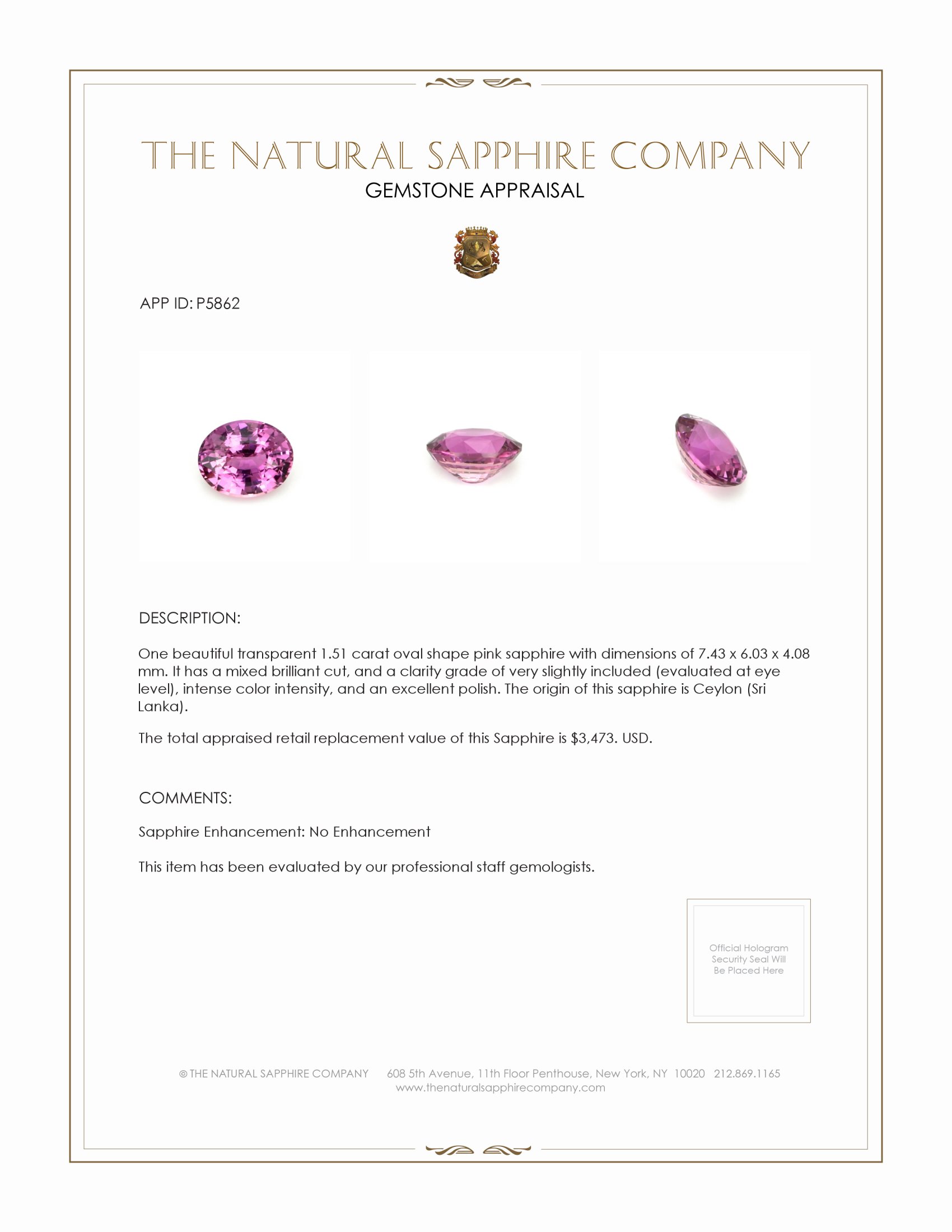1.51 Ct. Pink Sapphire from Ceylon (Sri Lanka)