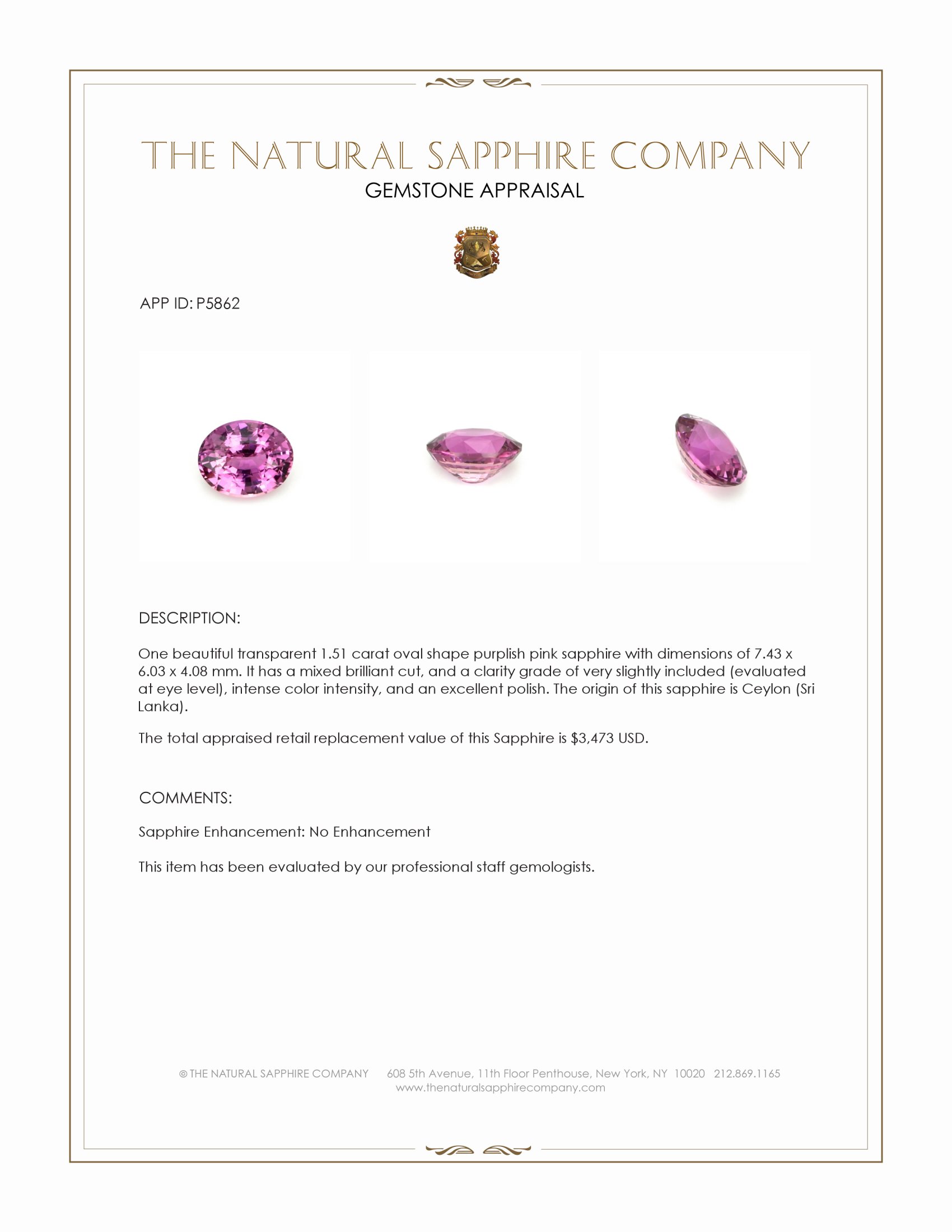 1.51 Ct. Purplish Pink Sapphire from Ceylon (Sri Lanka)