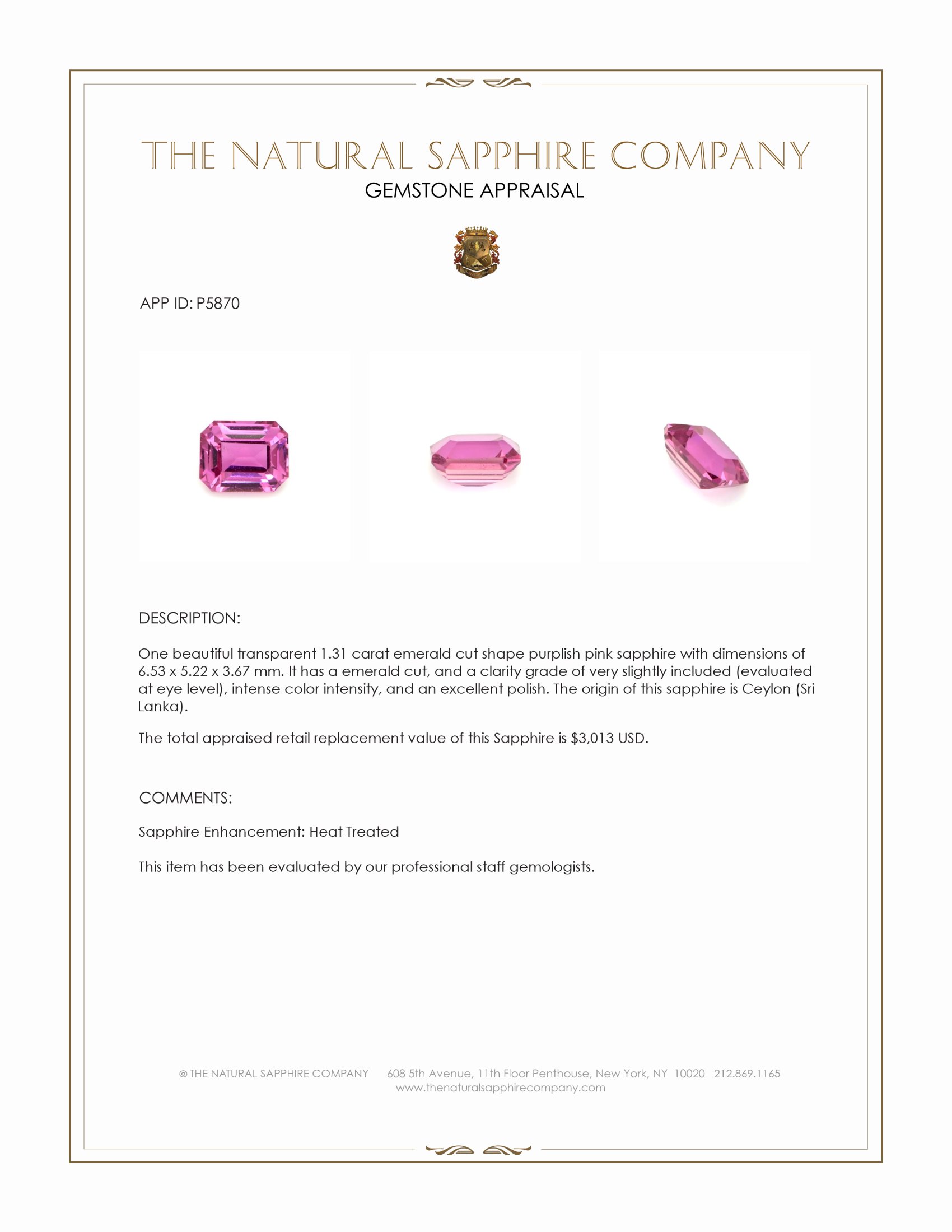 1.31 Ct. Purplish Pink Sapphire from Ceylon (Sri Lanka)