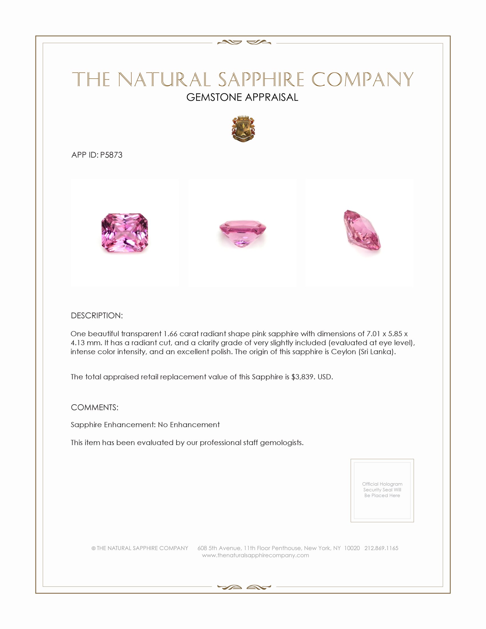 1.66 Ct. Pink Sapphire from Ceylon (Sri Lanka)