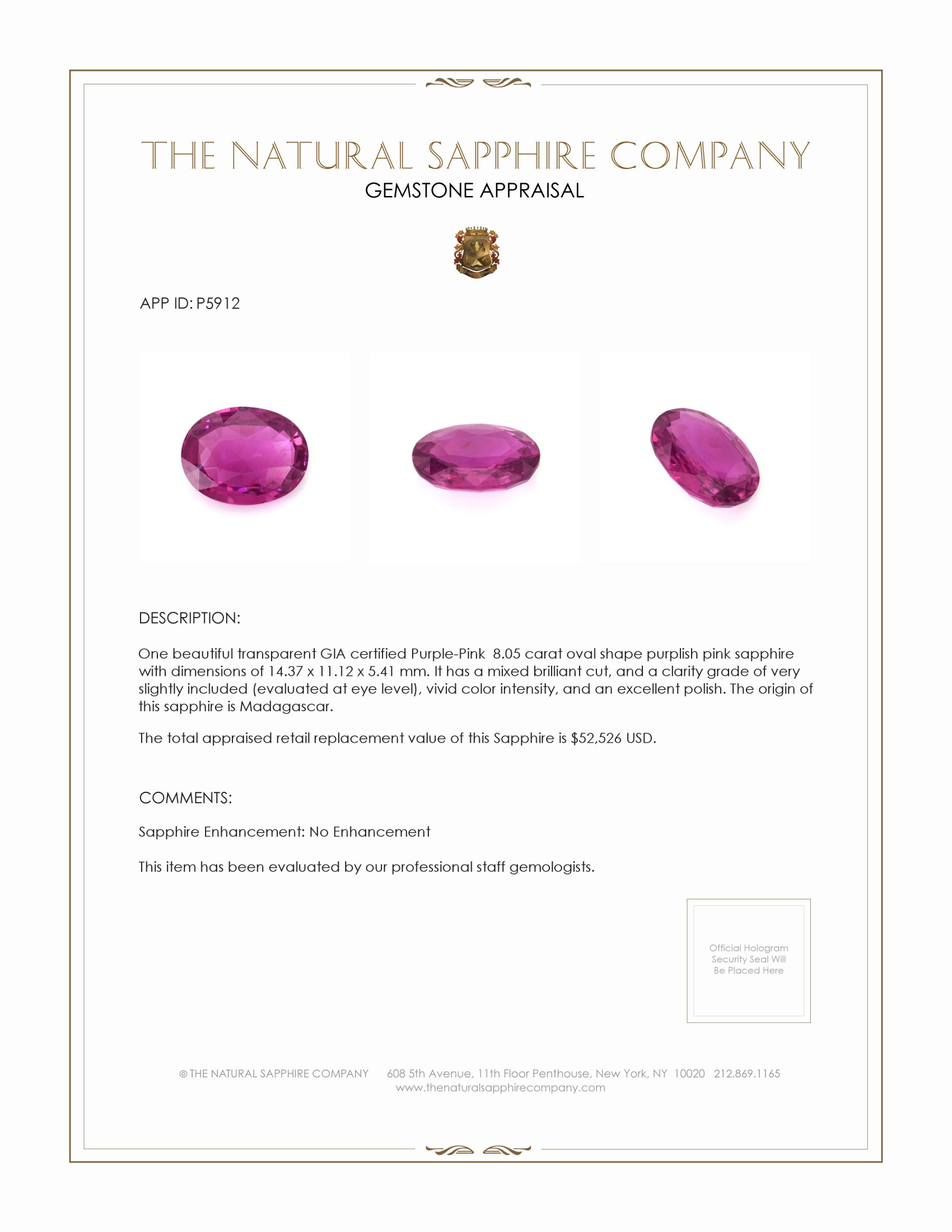 8.05 Ct. Purplish Pink Sapphire from Madagascar