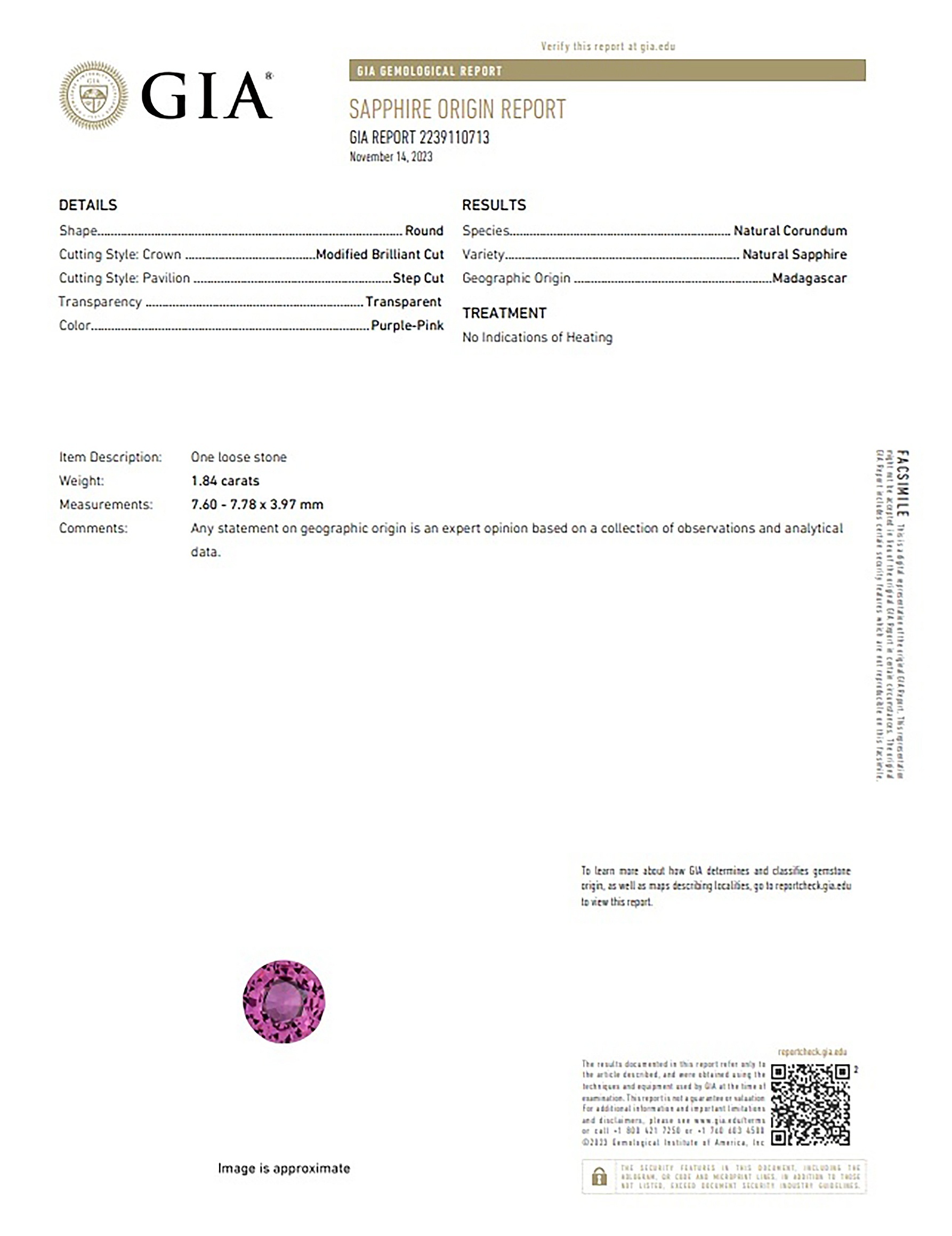 1.84 Ct. Pink Sapphire from Madagascar