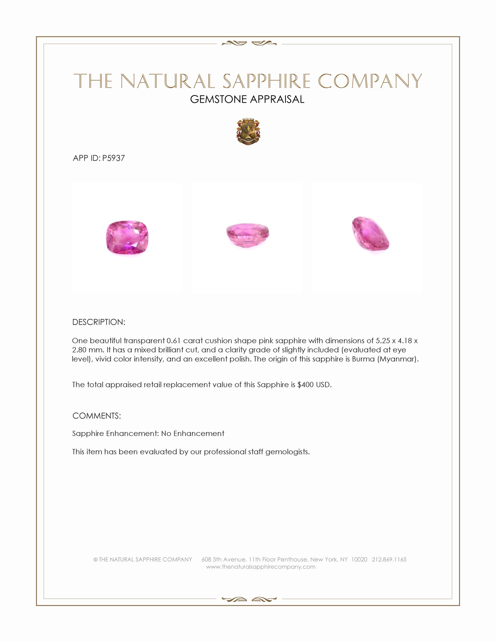 0.61 Ct. Pink Sapphire from Burma (Myanmar)