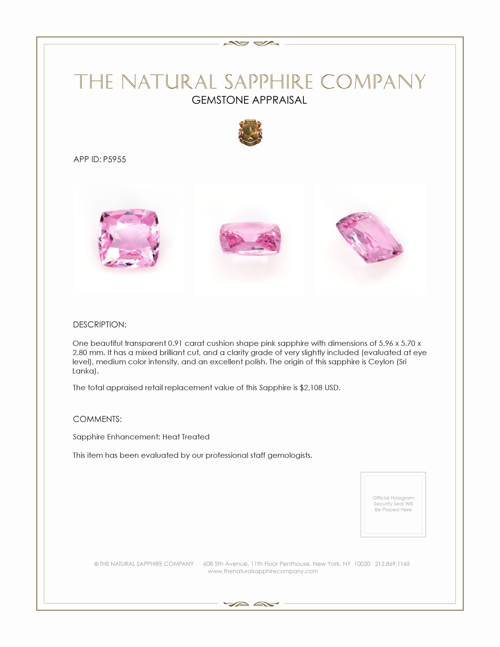 0.91 Ct. Pink Sapphire from Ceylon (Sri Lanka)