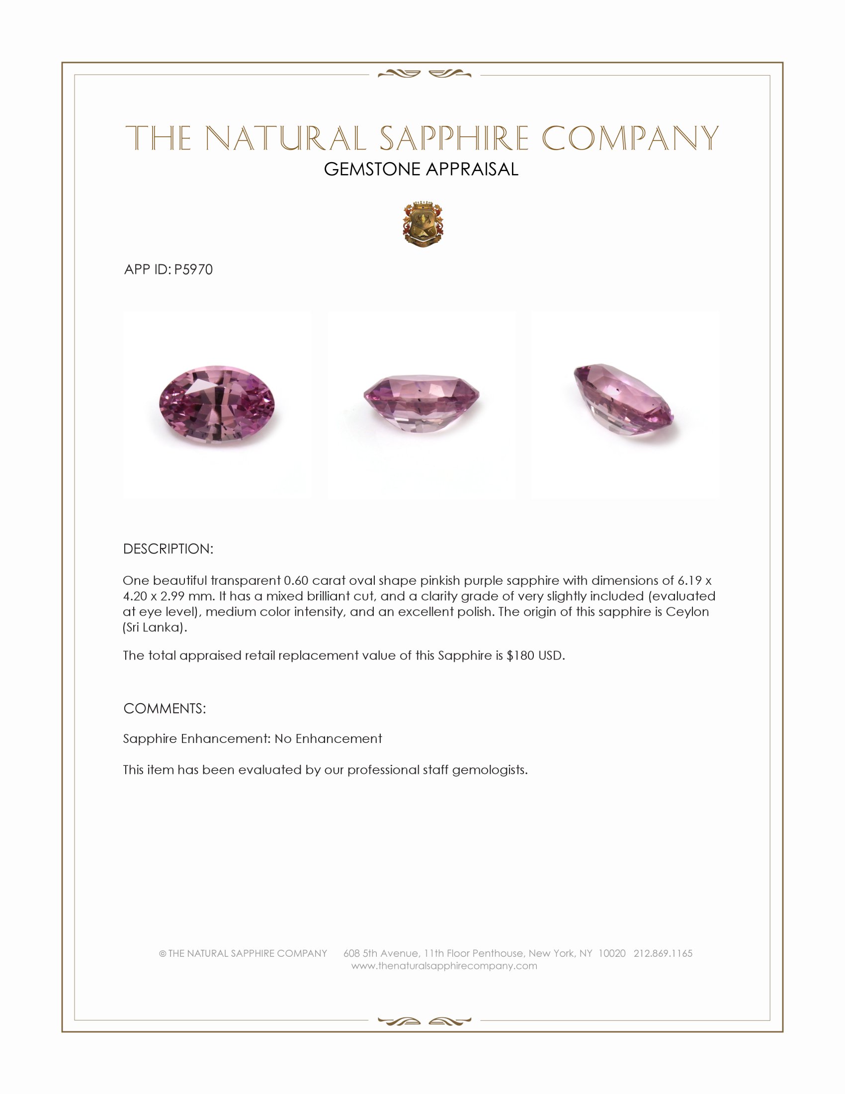 0.60 Ct. Pinkish Purple Sapphire from Ceylon (Sri Lanka)