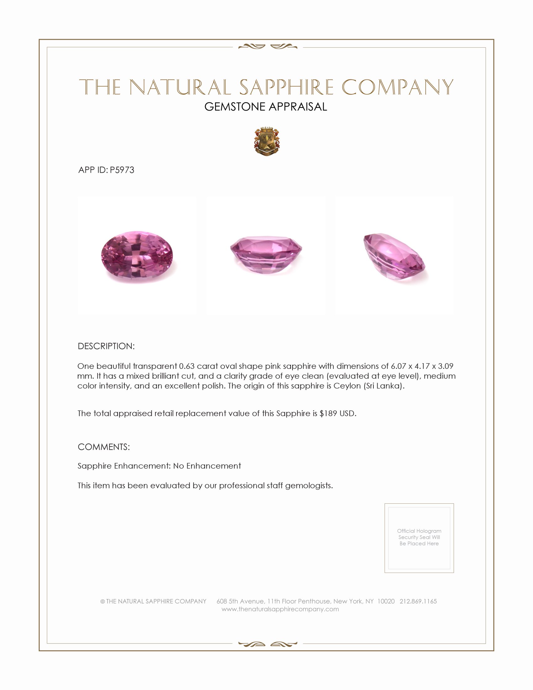0.63 Ct. Pink Sapphire from Ceylon (Sri Lanka)