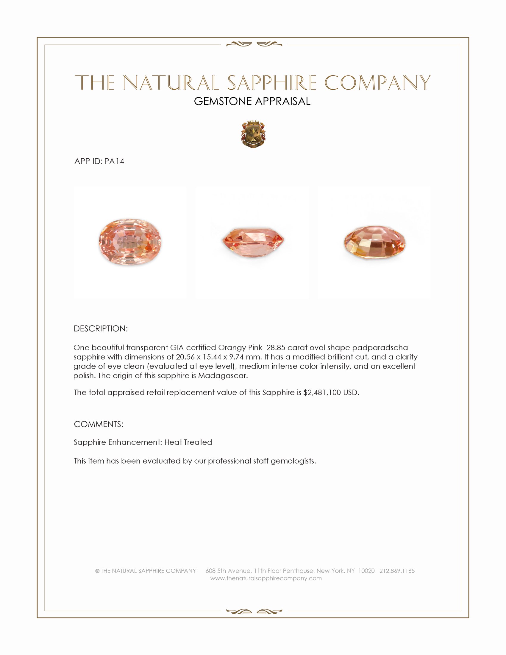 28.85 Ct. Padparadscha Sapphire from Madagascar