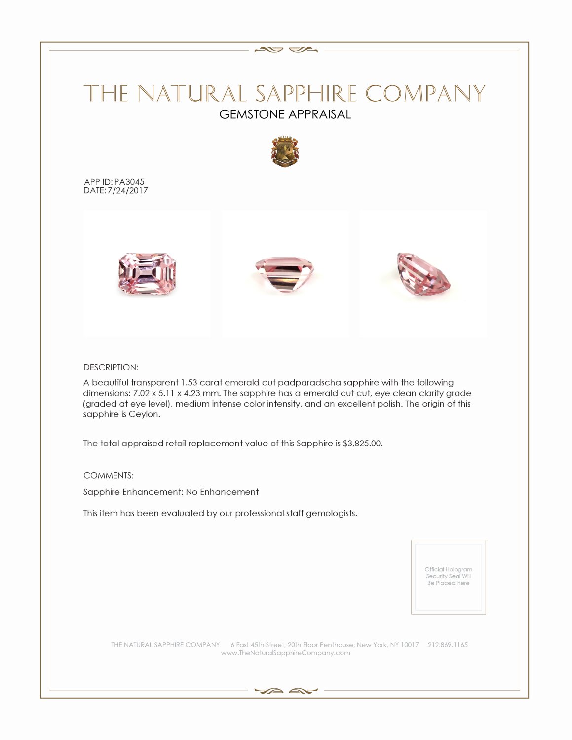 1.53 Ct. Padparadscha Sapphire from Ceylon (Sri Lanka)