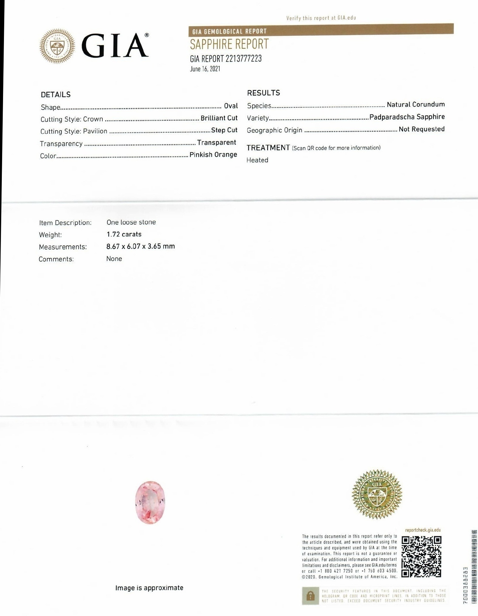 1.72 Ct. Padparadscha Sapphire from Ceylon (Sri Lanka)