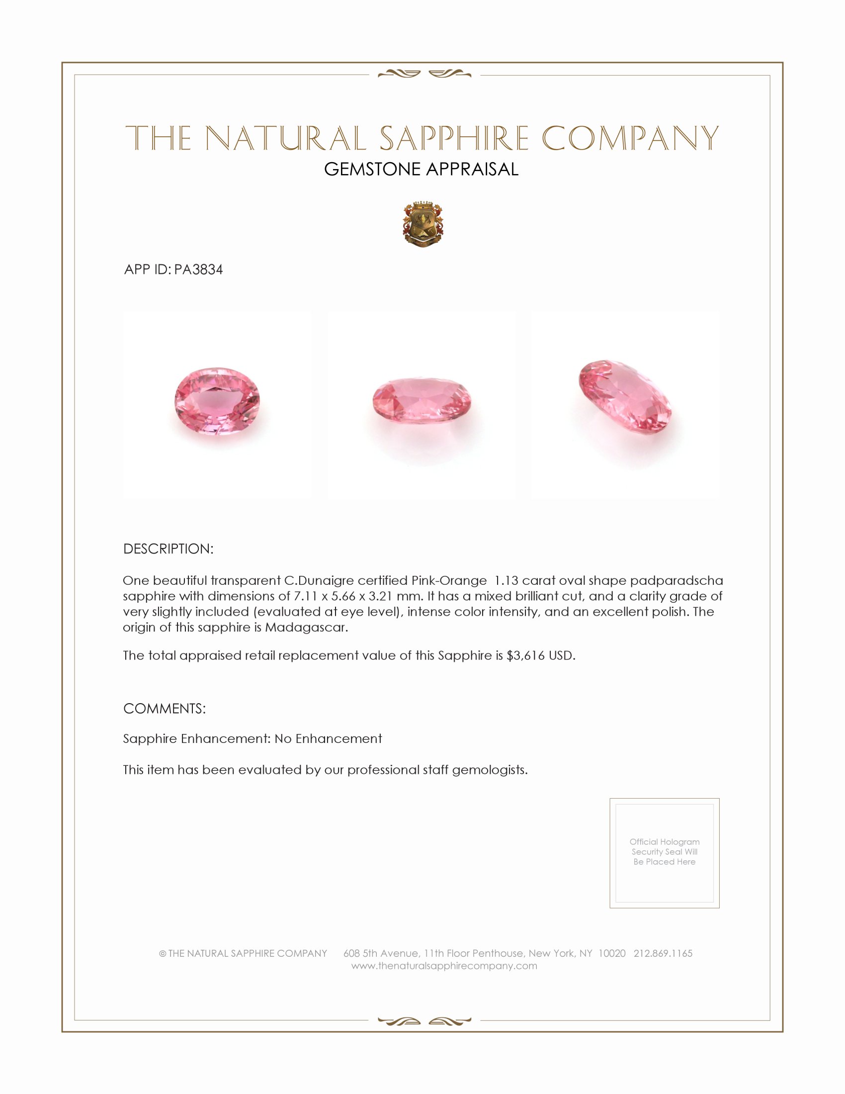 1.13 Ct. Padparadscha Sapphire from Madagascar