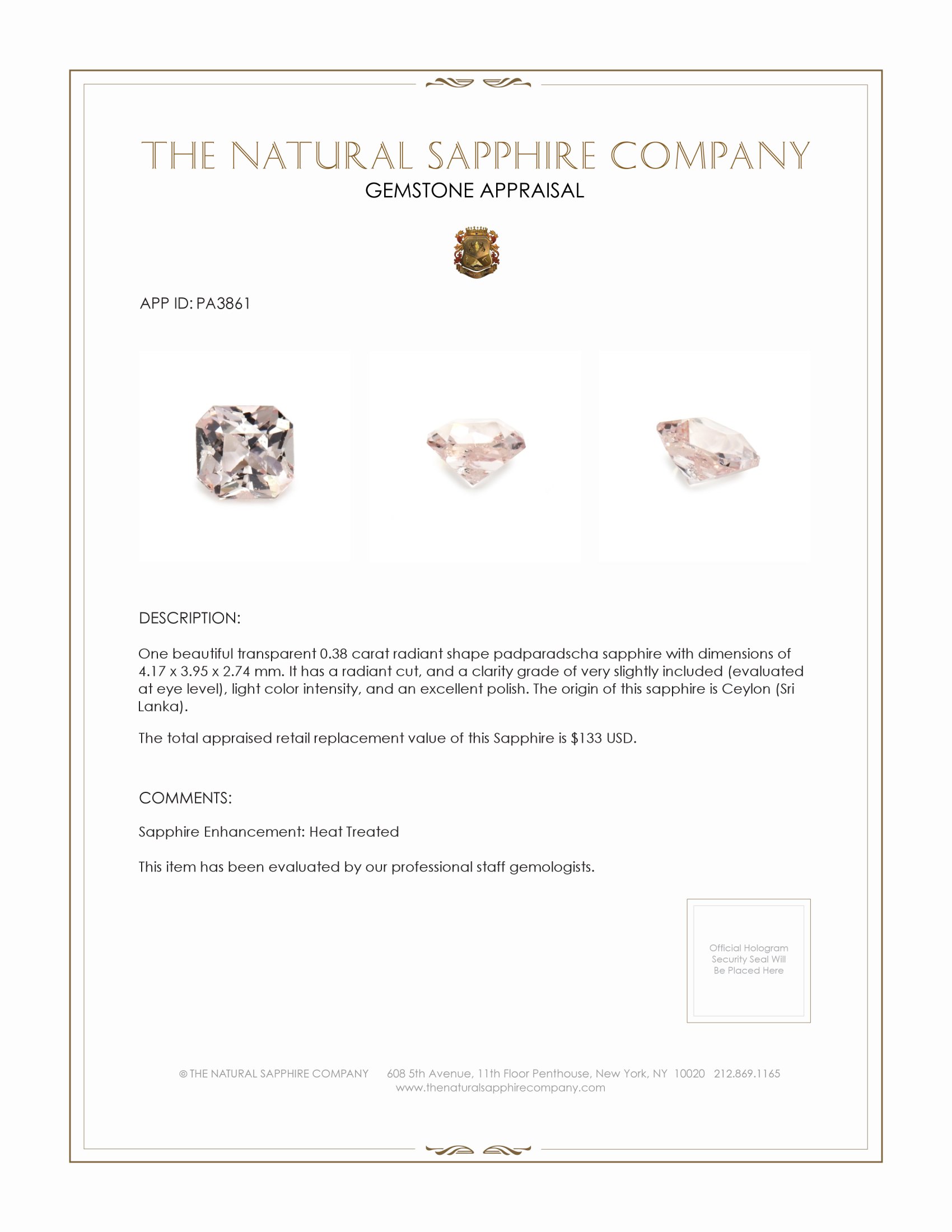 0.38 Ct. Padparadscha Sapphire from Ceylon (Sri Lanka)