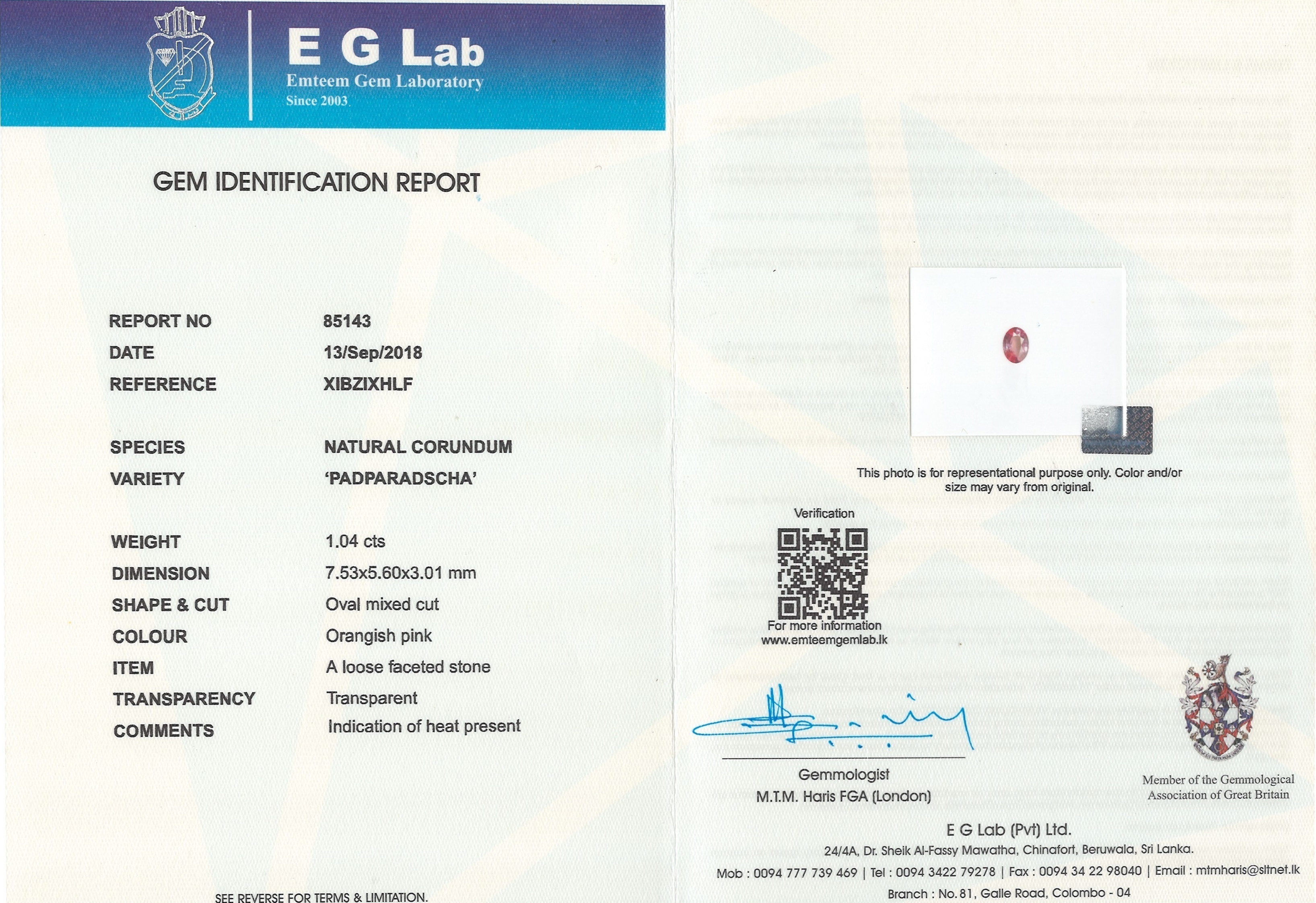 1.04 Ct. Padparadscha Sapphire from Ceylon (Sri Lanka)