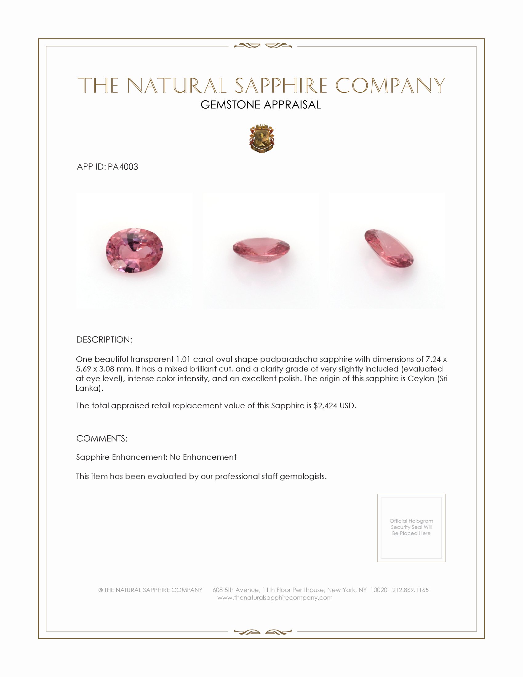 1.01 Ct. Padparadscha Sapphire from Ceylon (Sri Lanka)