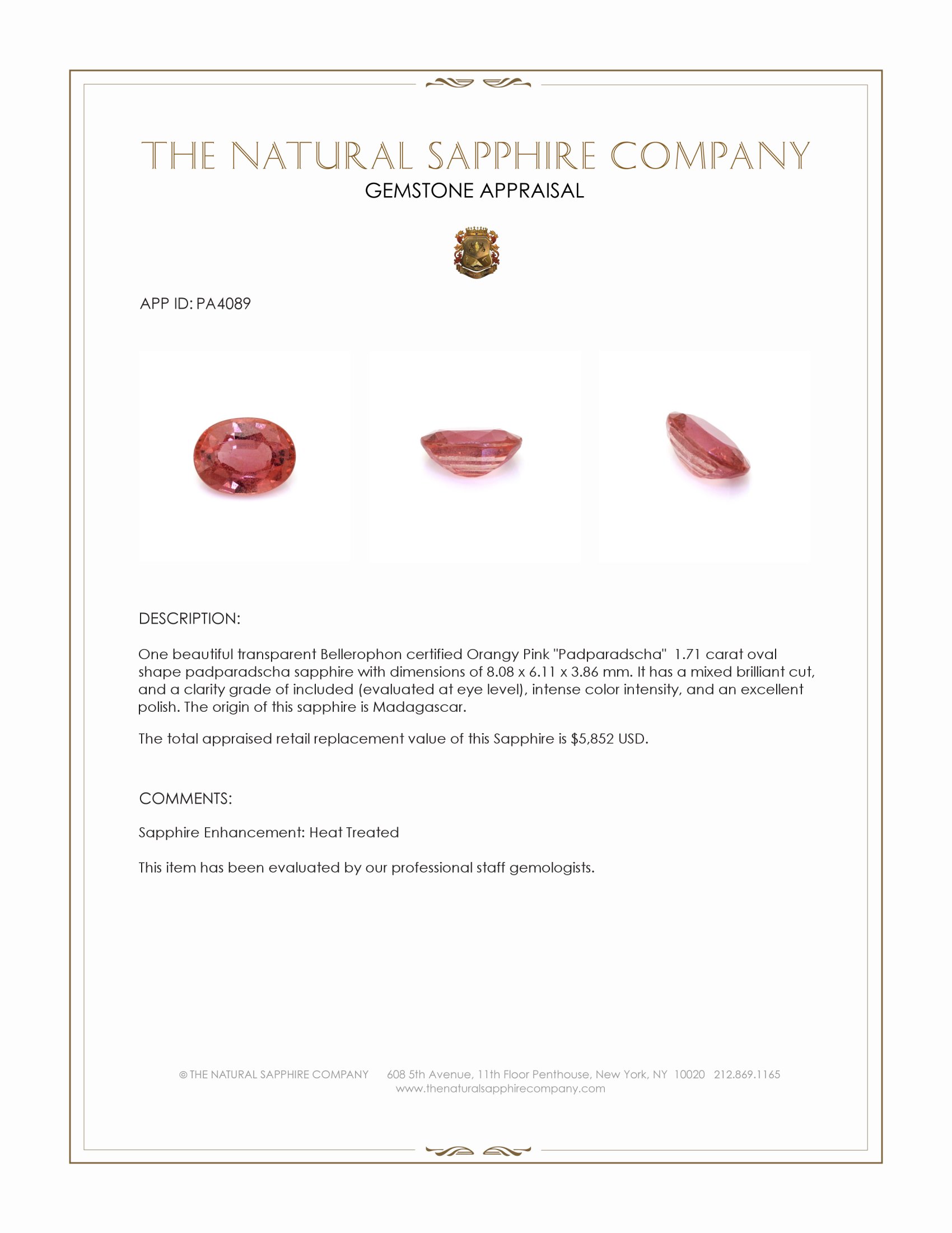 1.71 Ct. Padparadscha Sapphire from Madagascar