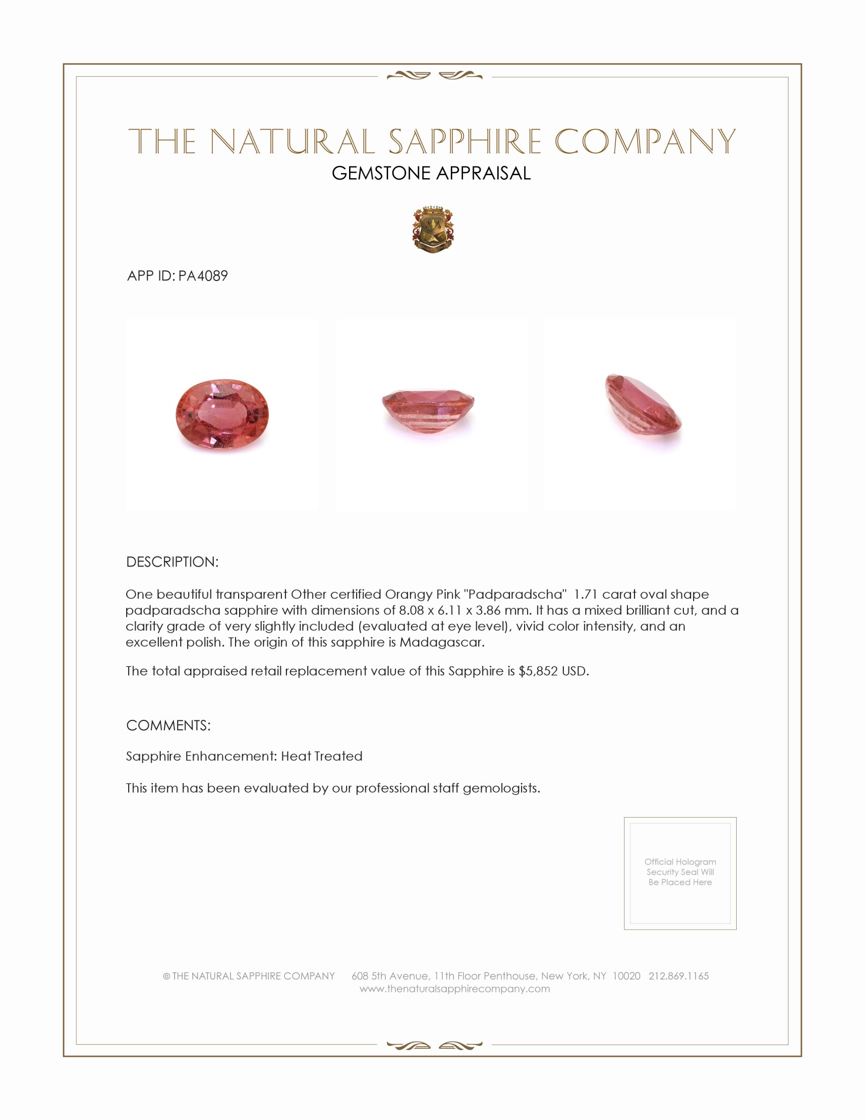 1.71 Ct. Padparadscha Sapphire from Madagascar